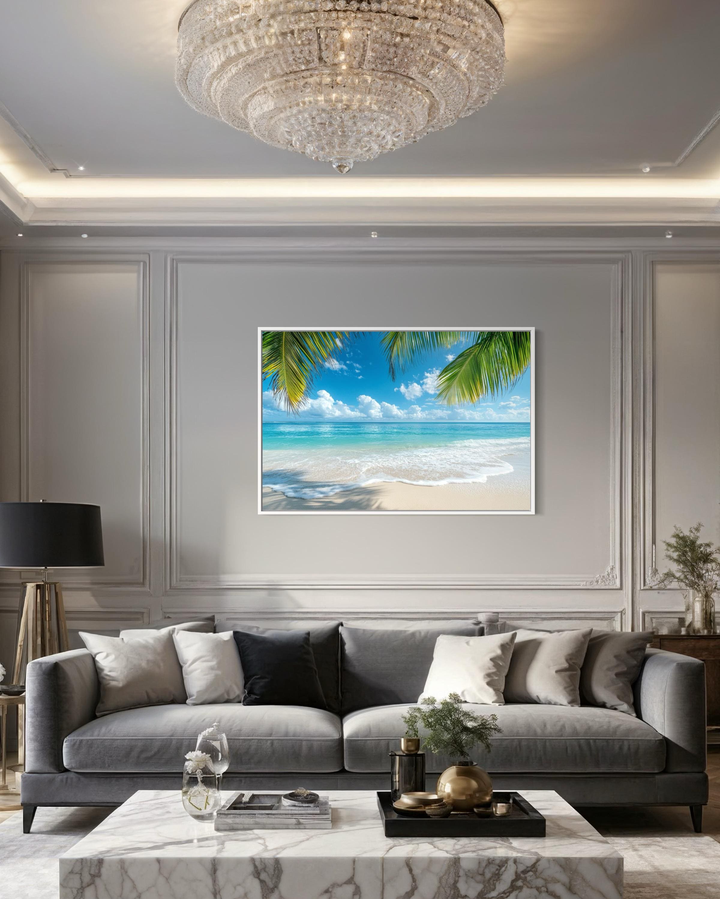 Tropical Beach With Palm Tree Framed Canvas Wall Art