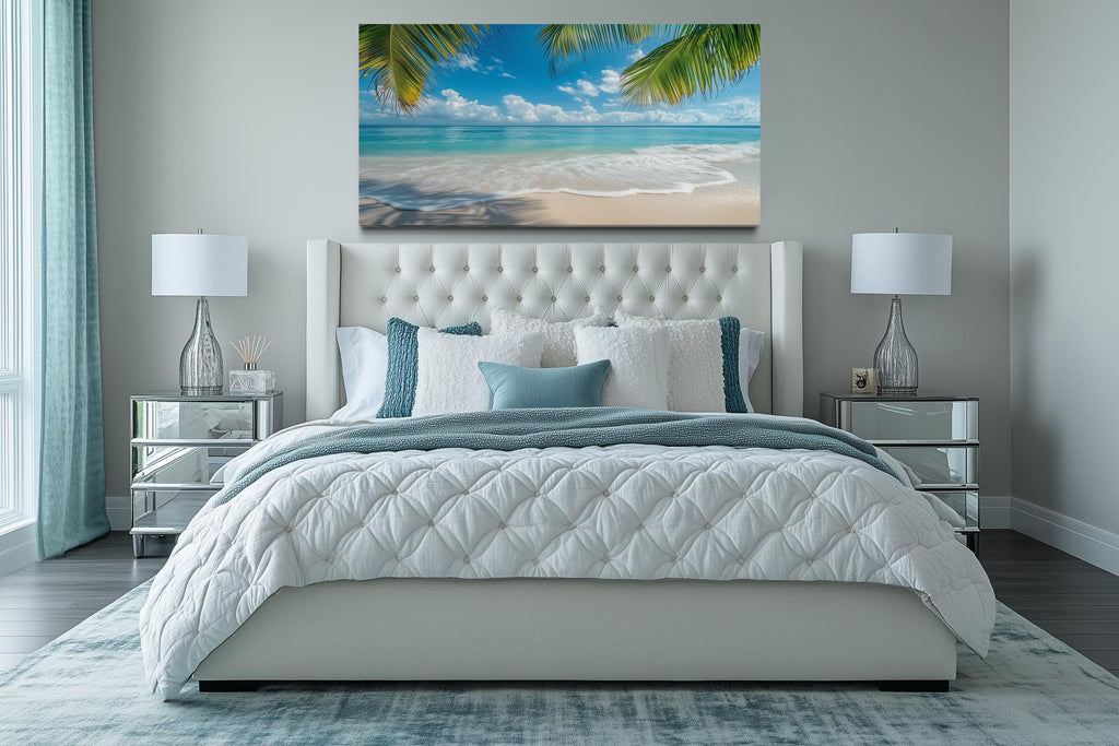 Tropical Beach With Palm Trees Framed Canvas Wall Art