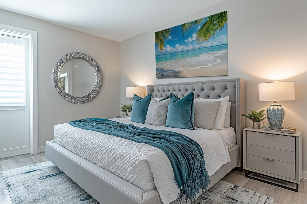 Tropical Beach With Palm Trees Framed Canvas Wall Art