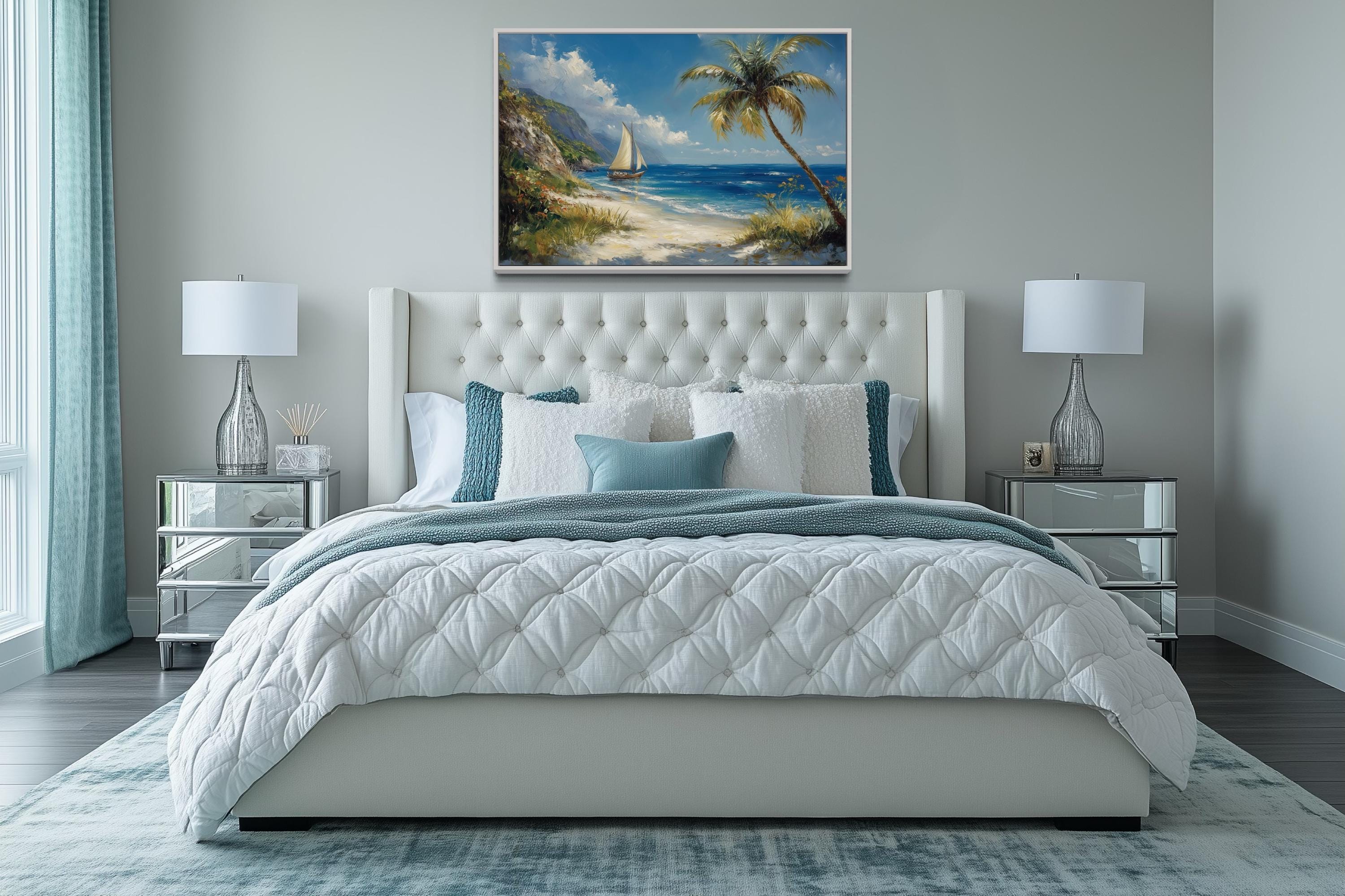 Tropical Beach With Sailboat And Palm Tree Coastal Framed Canvas Wall Art