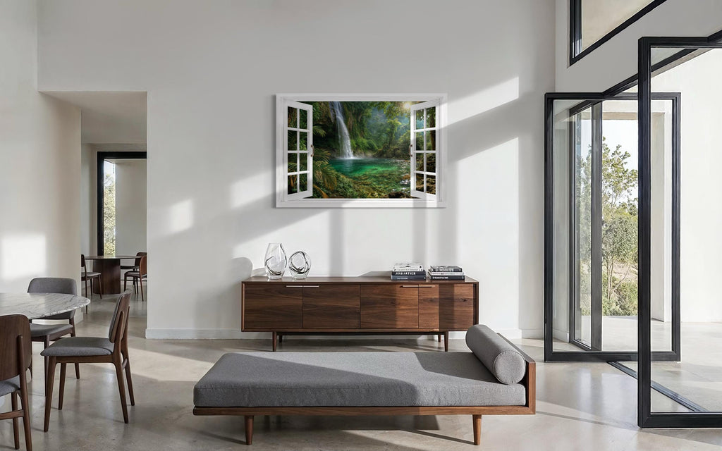 Tropical Waterfall Lagoon Window View Canvas Wall Art