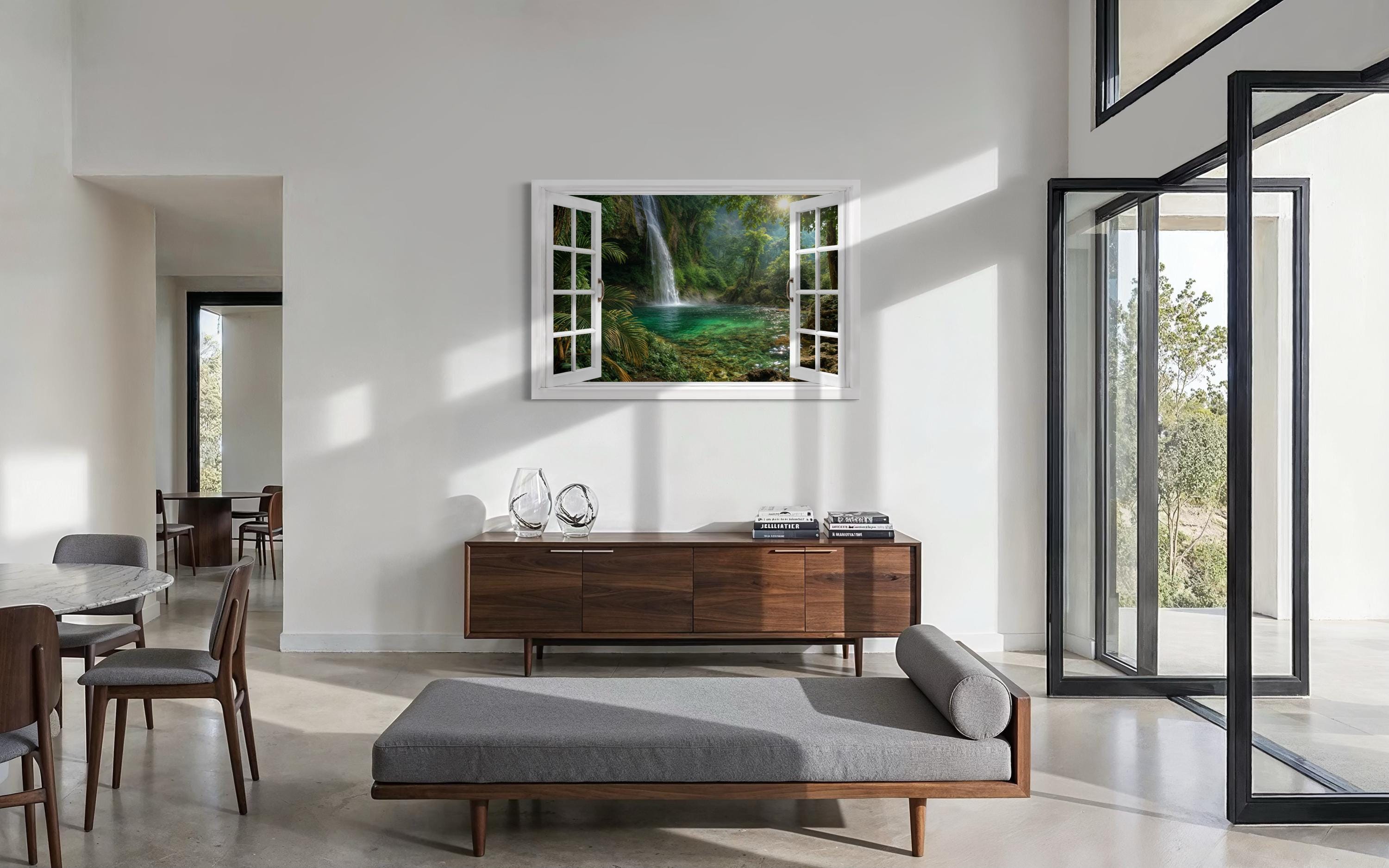 Tropical Waterfall Lagoon Window View Canvas Wall Art