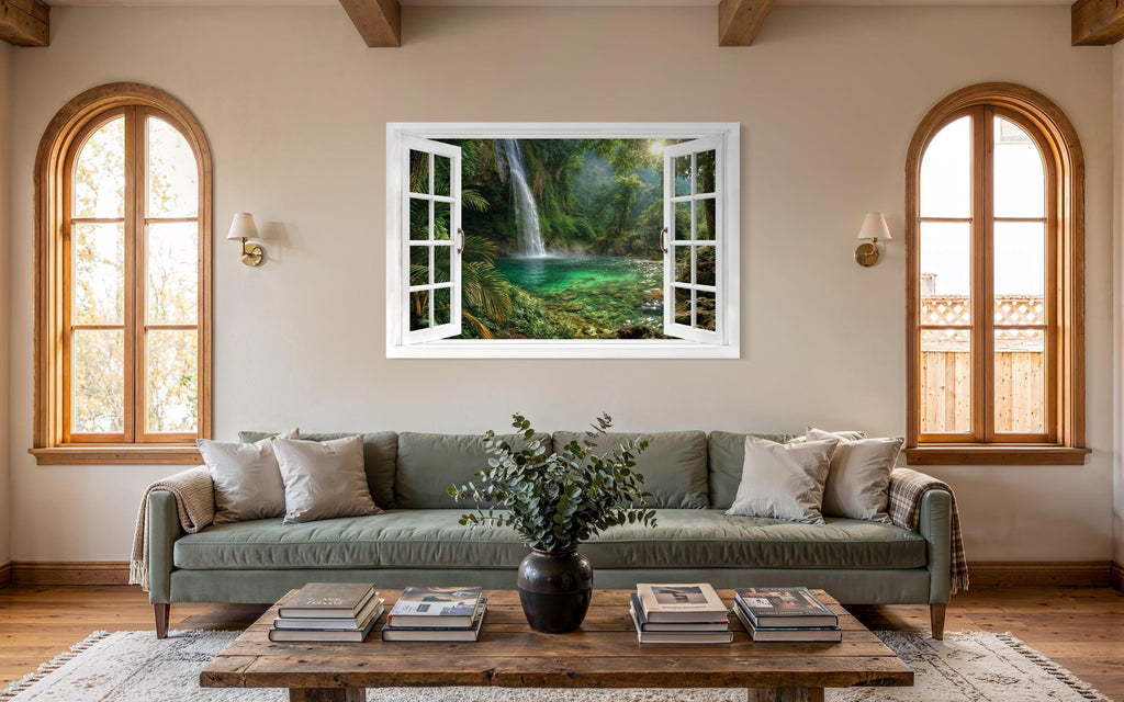 Tropical Waterfall Lagoon Window View Canvas Wall Art