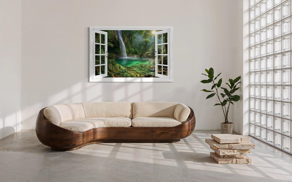 Tropical Waterfall Lagoon Window View Canvas Wall Art