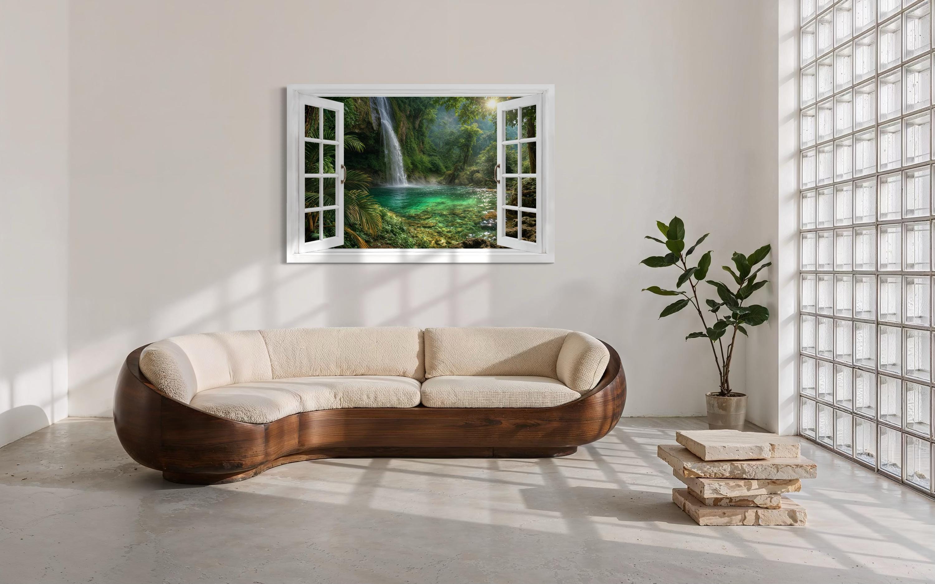 Tropical Waterfall Lagoon Window View Canvas Wall Art