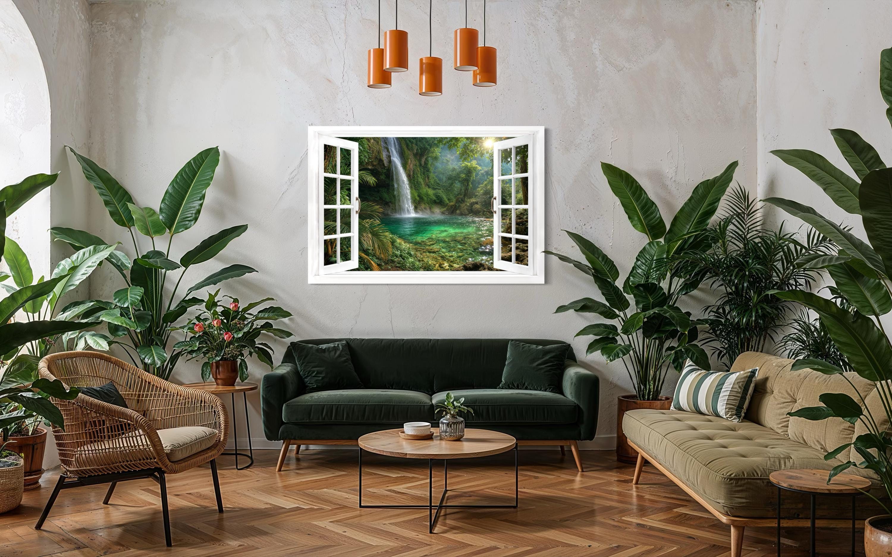 Tropical Waterfall Lagoon Window View Canvas Wall Art