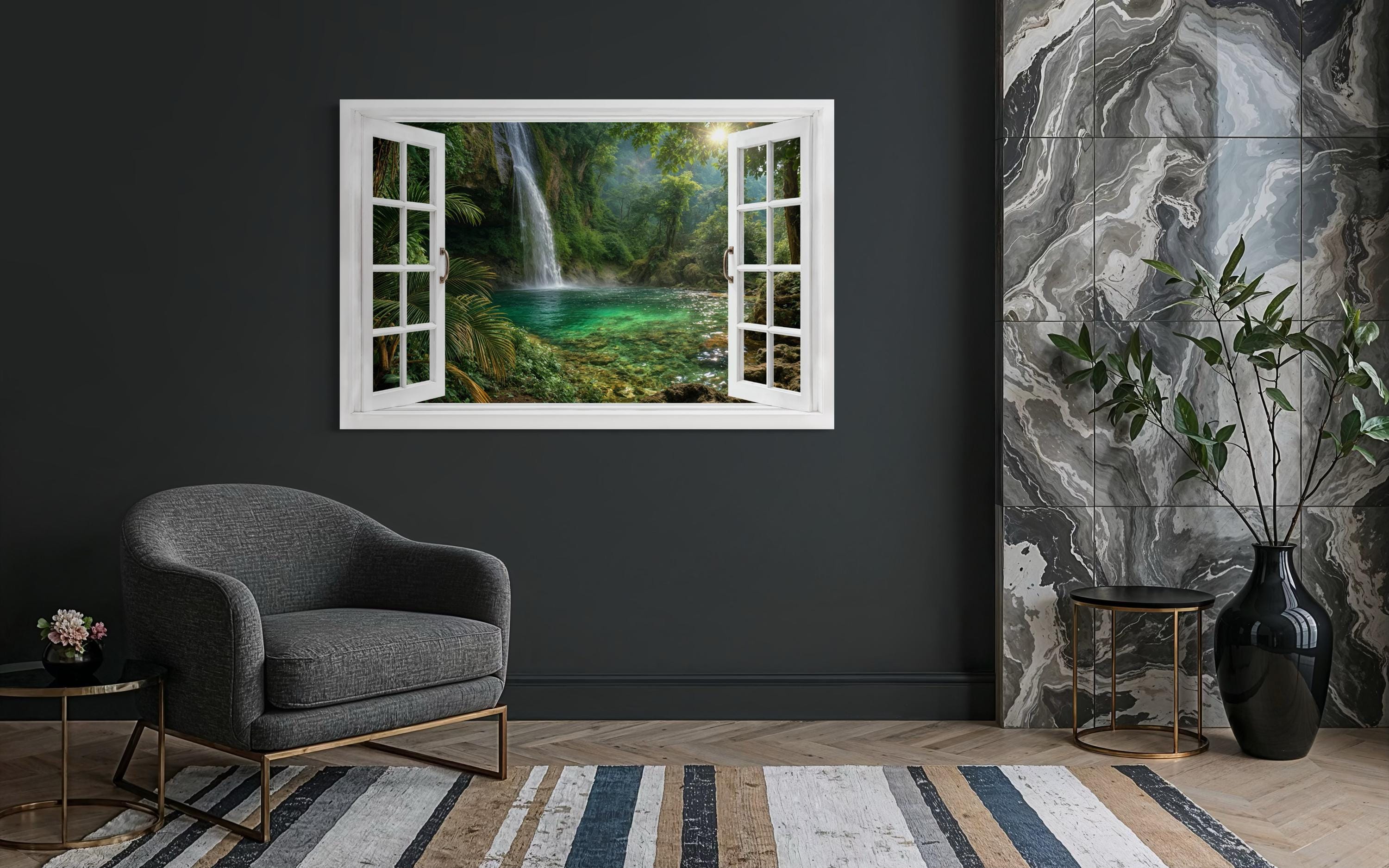 Tropical Waterfall Lagoon Window View Canvas Wall Art