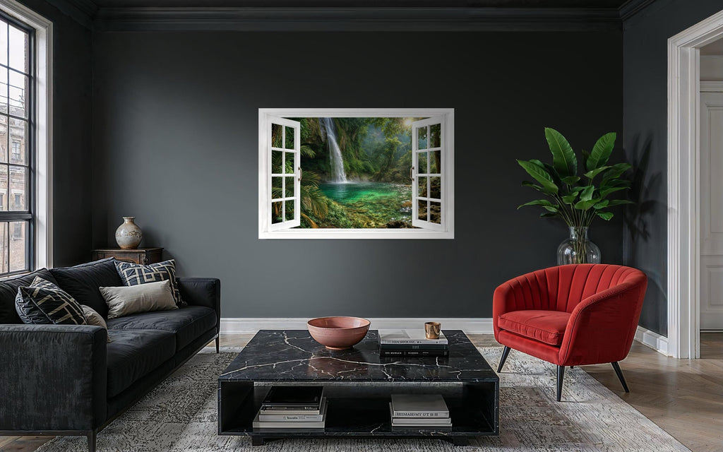 Tropical Waterfall Lagoon Window View Canvas Wall Art