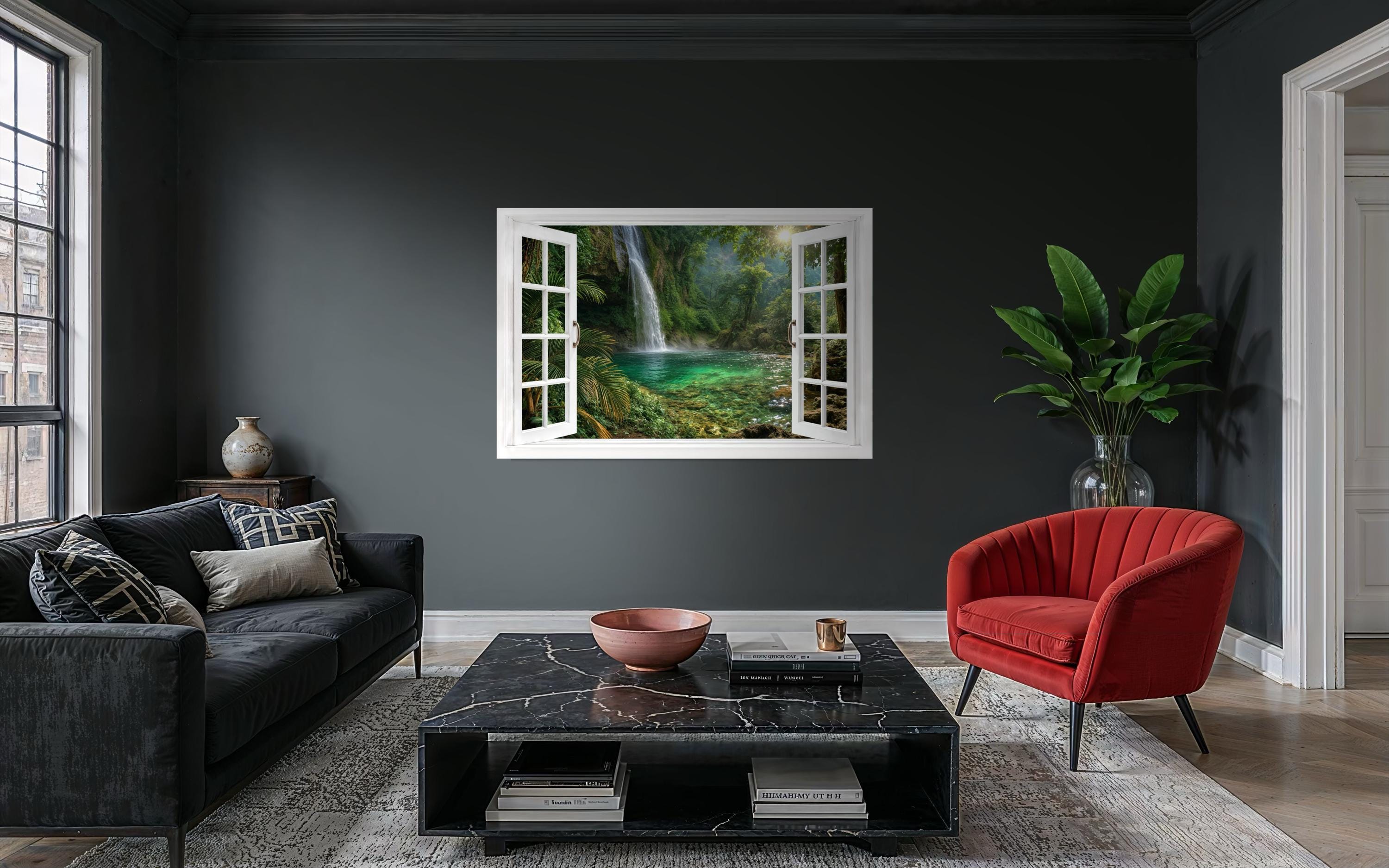 Tropical Waterfall Lagoon Window View Canvas Wall Art