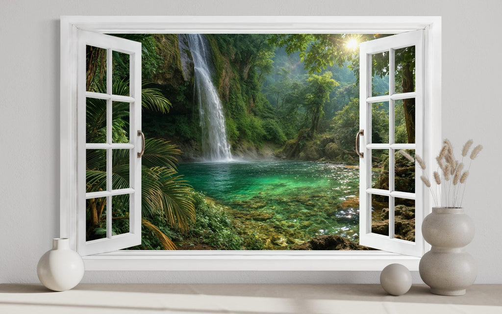Tropical Waterfall Lagoon Window View Canvas Wall Art