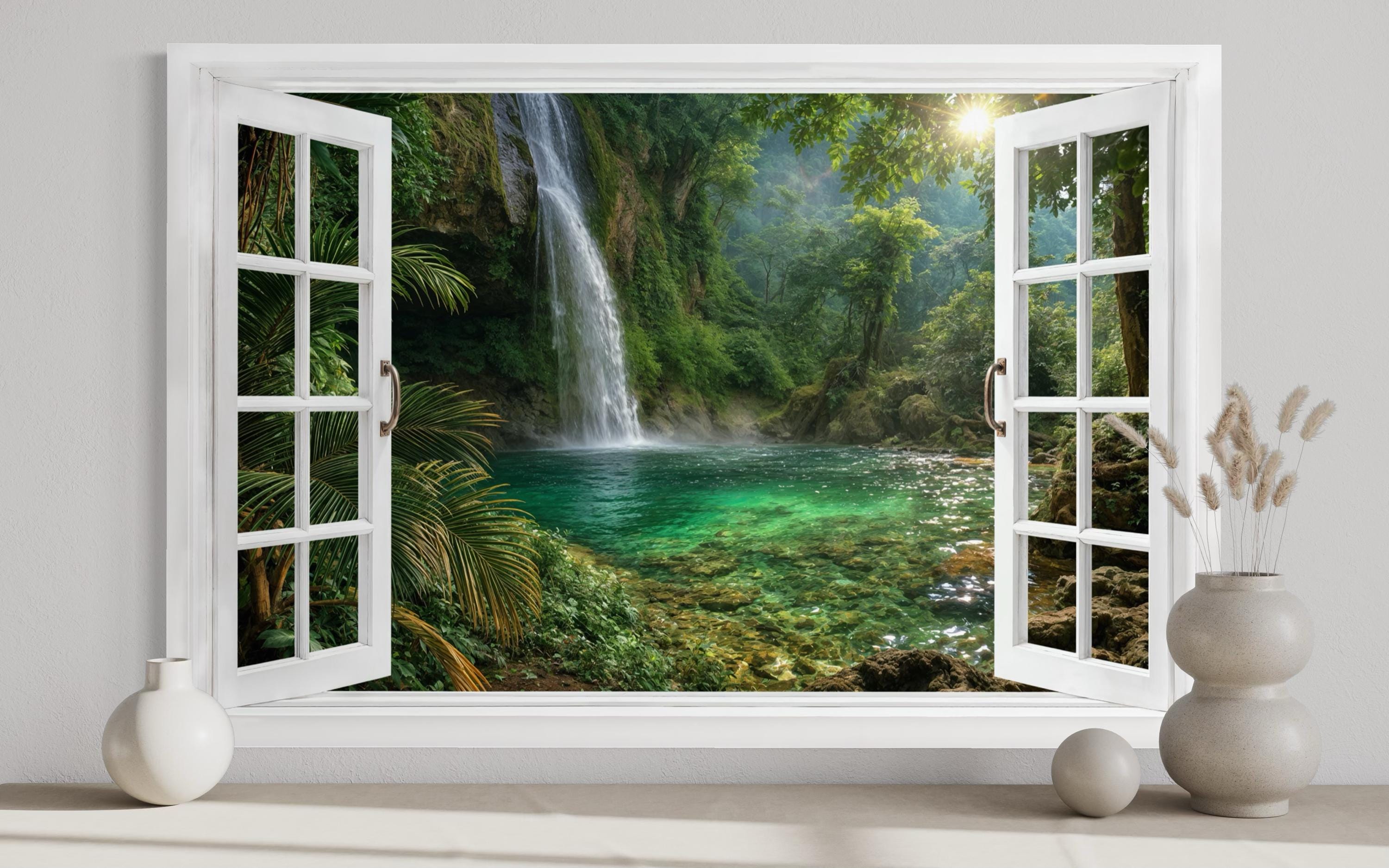 Tropical Waterfall Lagoon Window View Canvas Wall Art