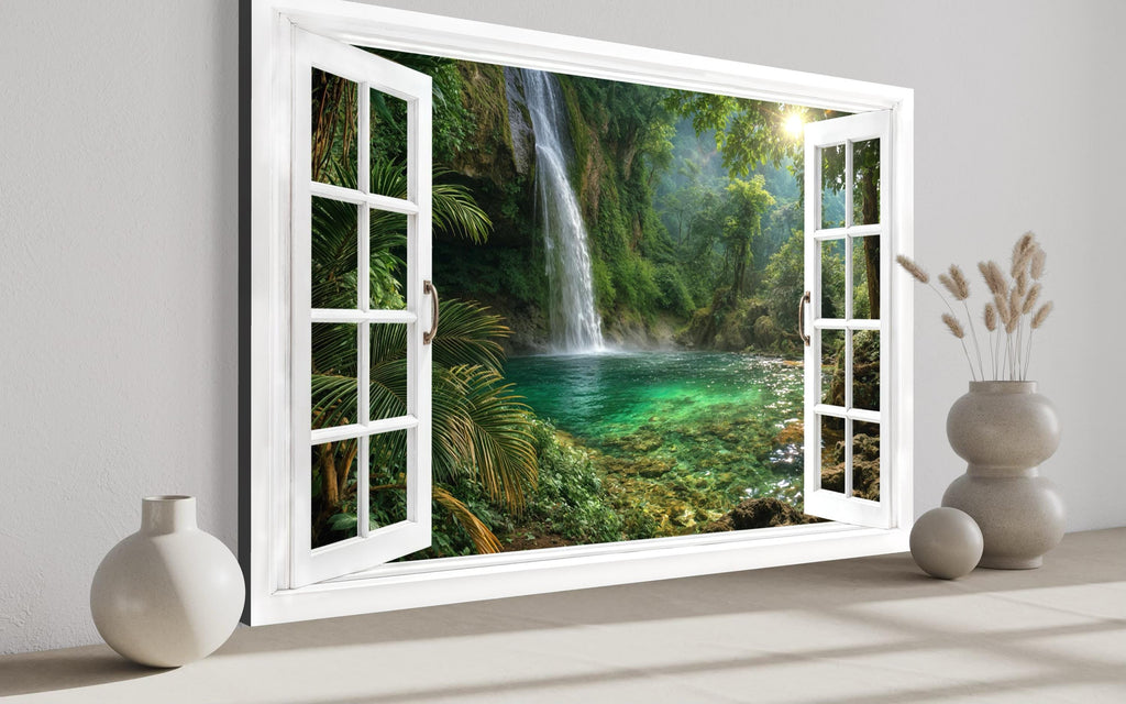 Tropical Waterfall Lagoon Window View Canvas Wall Art