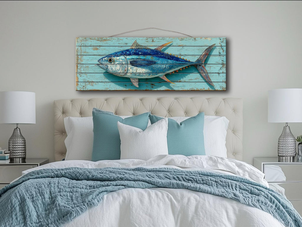 Tuna Distressed Wood Wall Art, Teal Nautical Coastal Fish Artwork