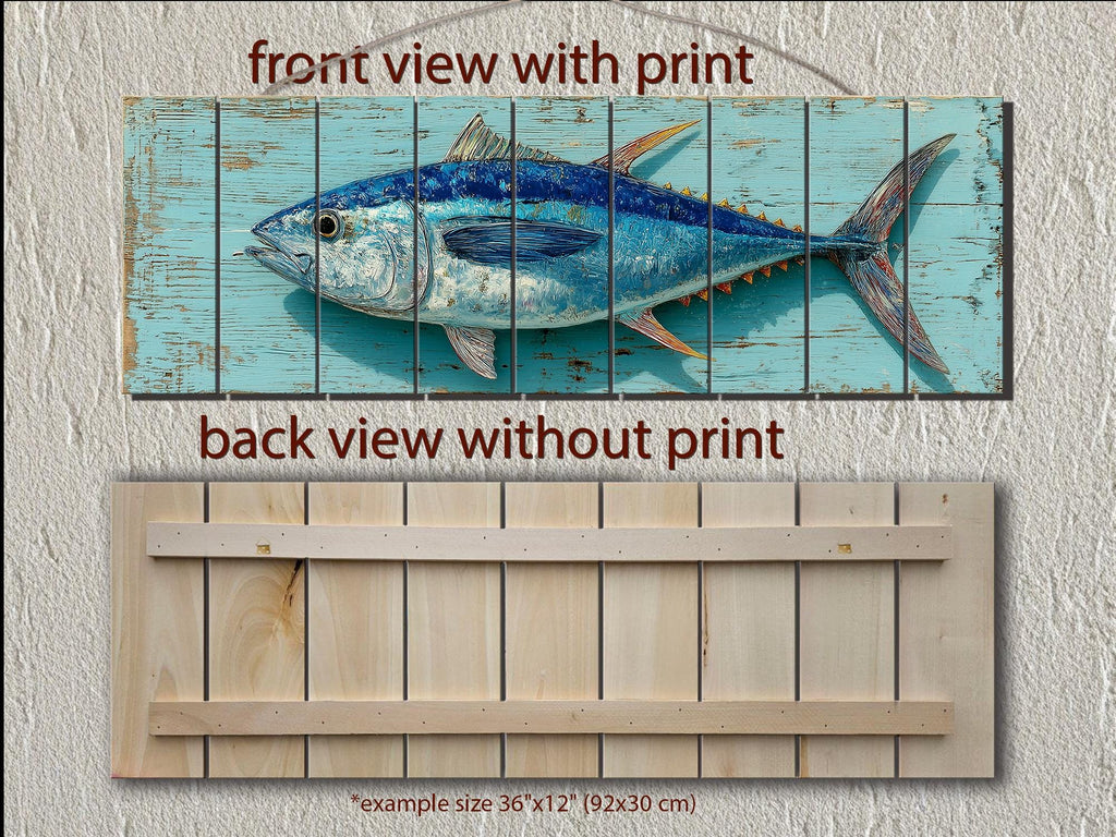 Tuna Distressed Wood Wall Art, Teal Nautical Coastal Fish Artwork