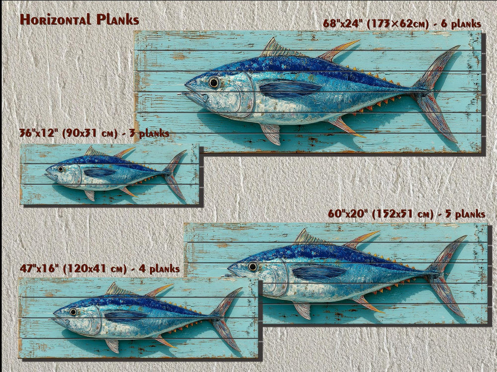 Tuna Distressed Wood Wall Art, Teal Nautical Coastal Fish Artwork