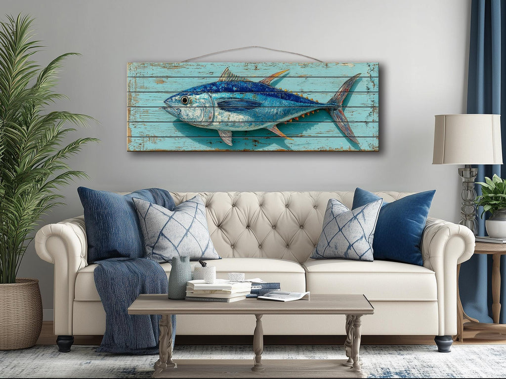 Tuna Distressed Wood Wall Art, Teal Nautical Coastal Fish Artwork