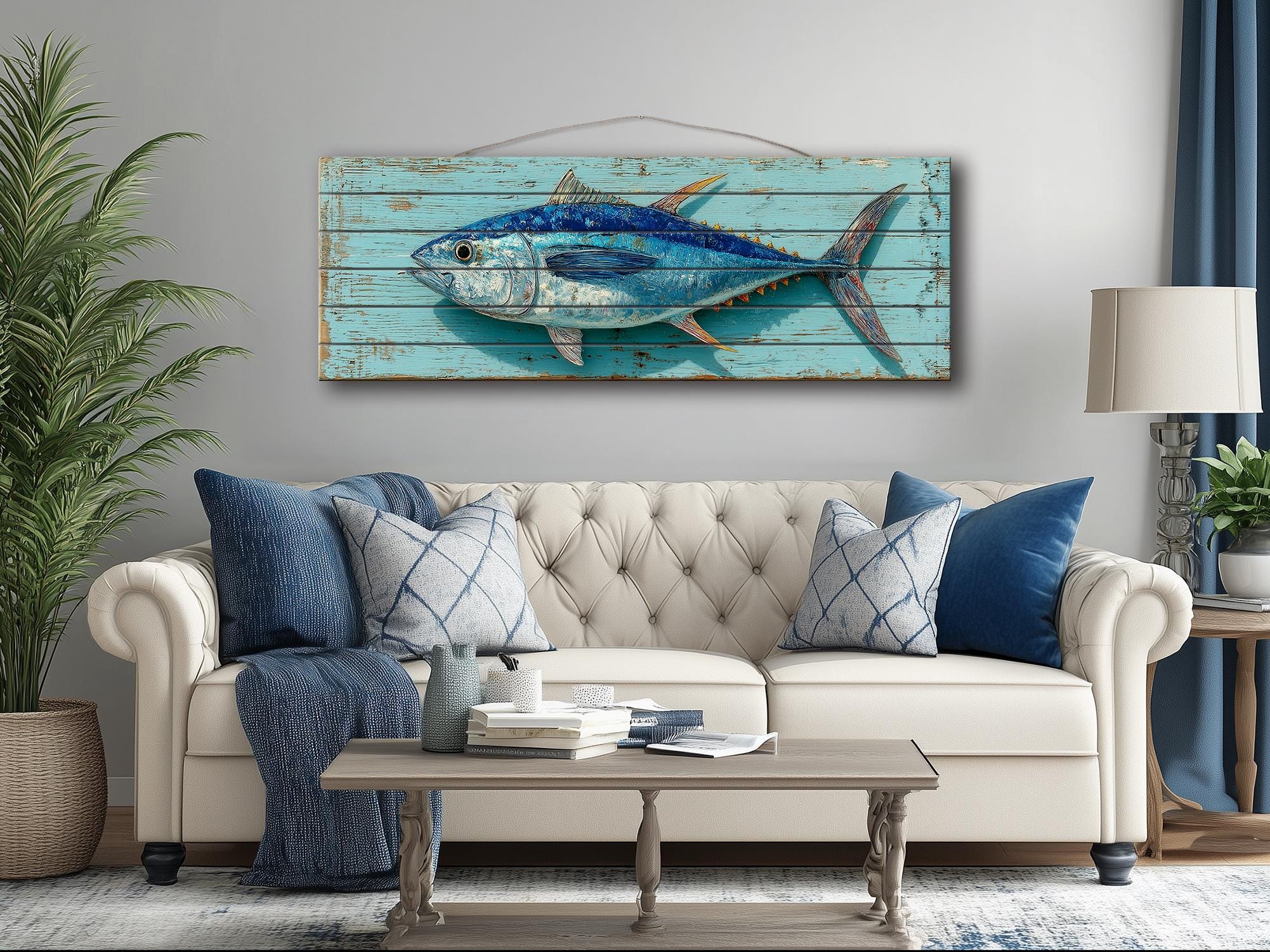 Tuna Distressed Wood Wall Art, Teal Nautical Coastal Fish Artwork