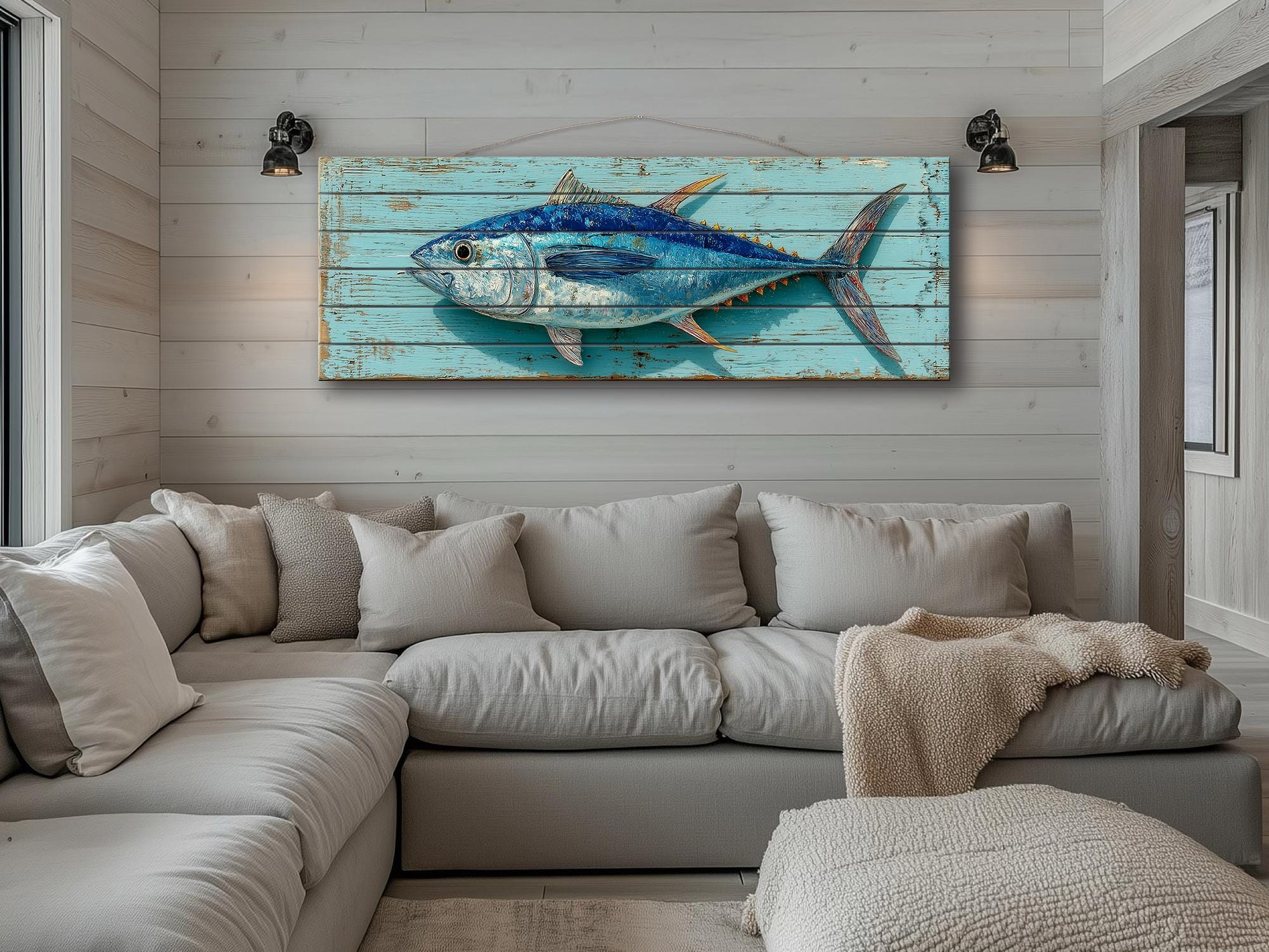 Tuna Distressed Wood Wall Art, Teal Nautical Coastal Fish Artwork