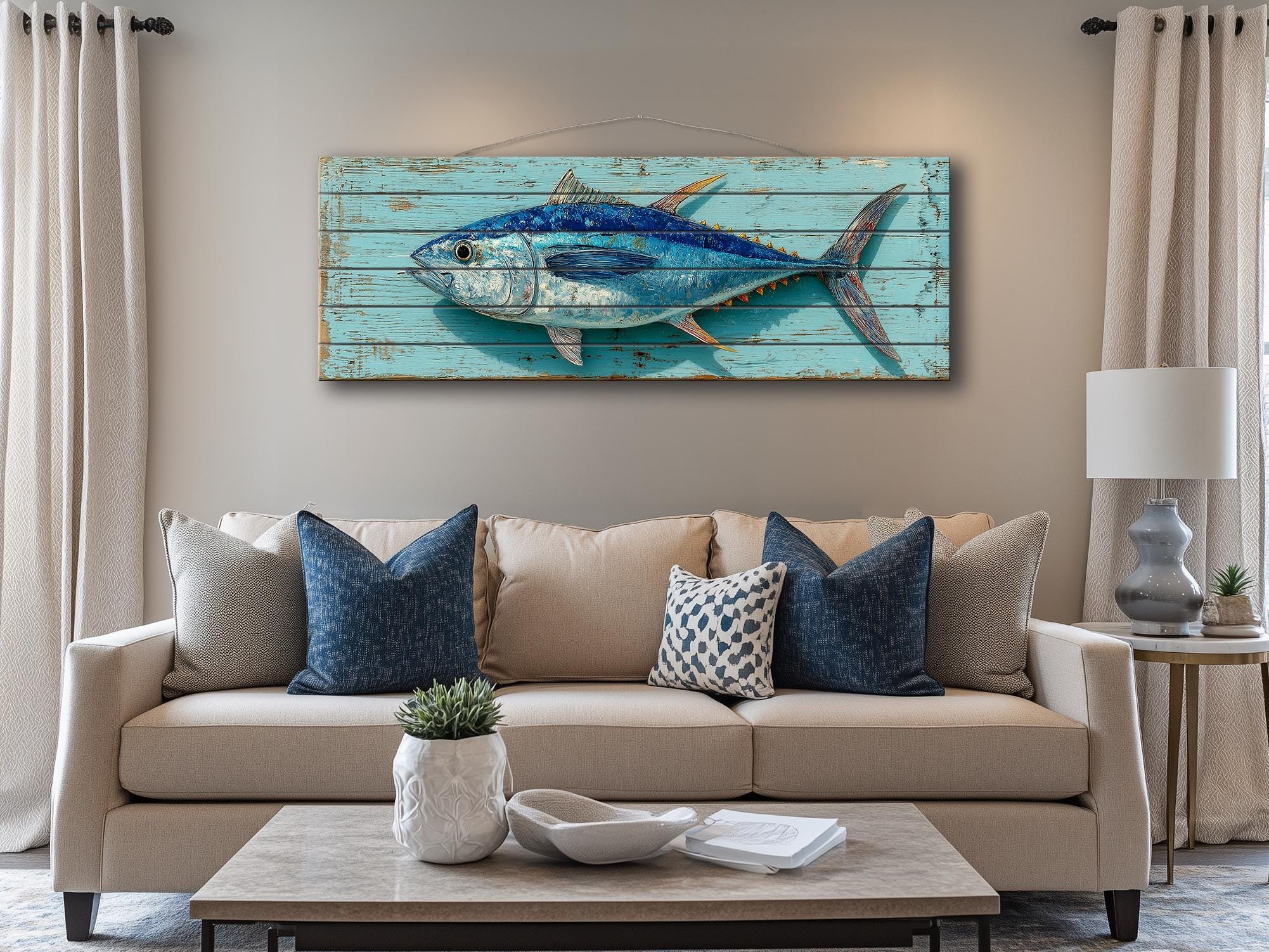 Tuna Distressed Wood Wall Art, Teal Nautical Coastal Fish Artwork