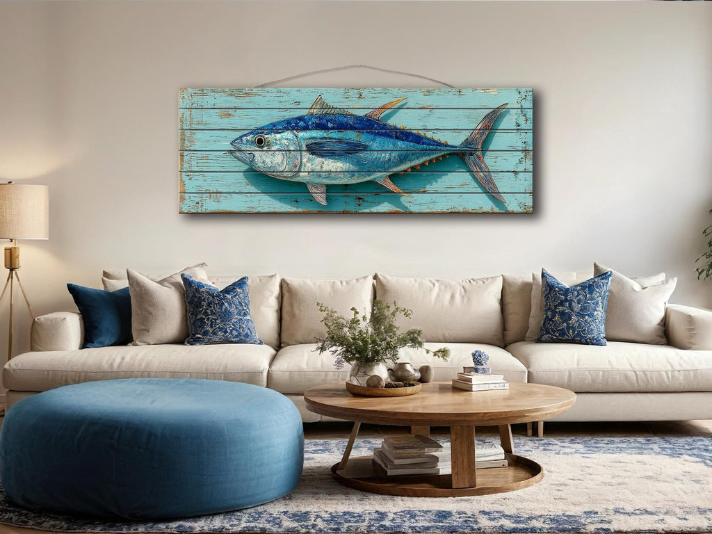 Tuna Distressed Wood Wall Art, Teal Nautical Coastal Fish Artwork