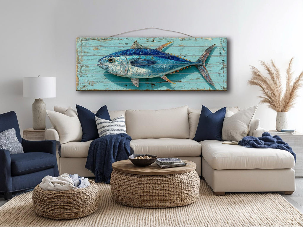 Tuna Distressed Wood Wall Art, Teal Nautical Coastal Fish Artwork