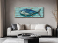 Tuna Distressed Wood Wall Art, Teal Nautical Coastal Fish Artwork