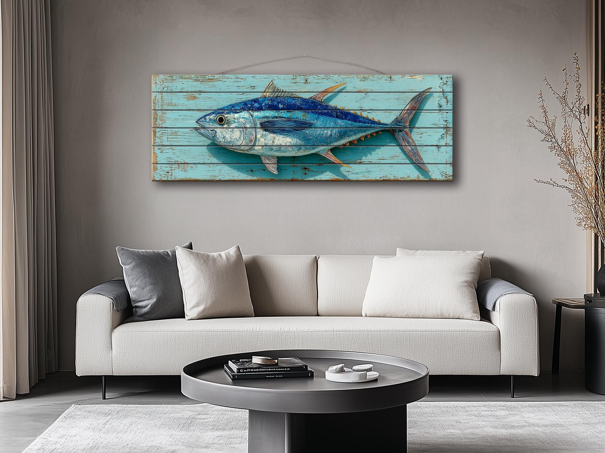 Tuna Distressed Wood Wall Art, Teal Nautical Coastal Fish Artwork