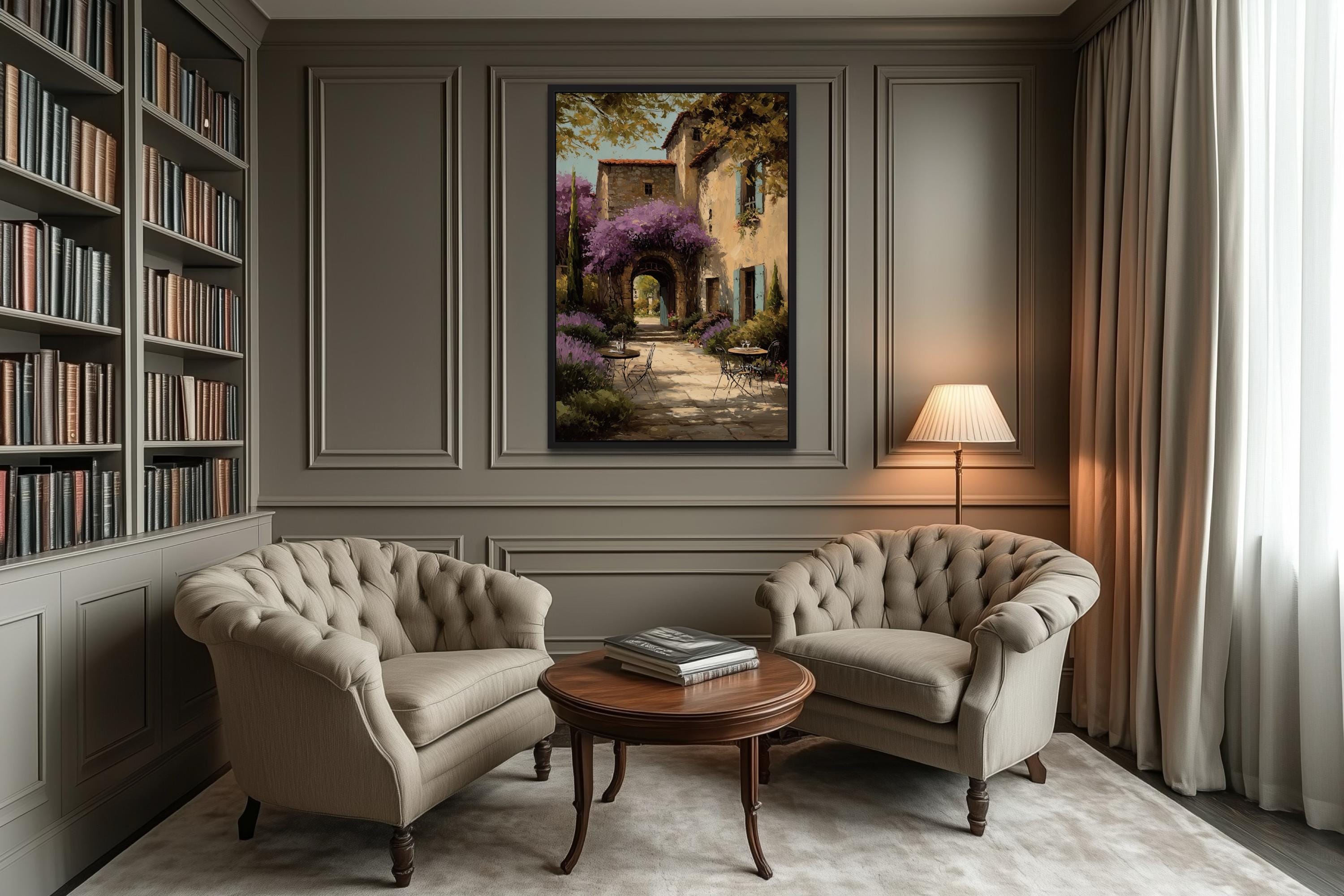 Tuscan Courtyard Canvas Rustic Italian Villa Painting | Mediterranean Wall Art