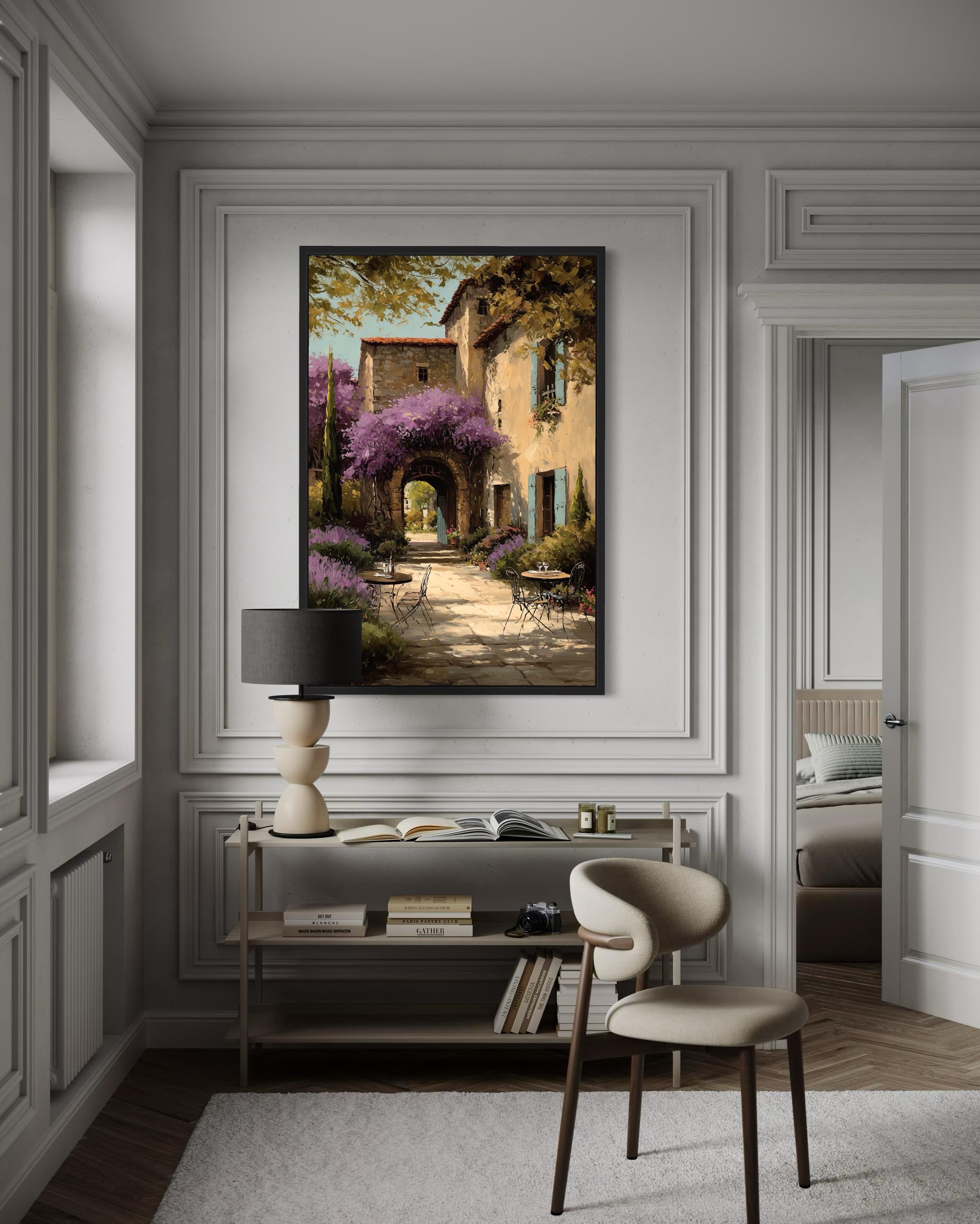 Tuscan Courtyard Canvas Rustic Italian Villa Painting | Mediterranean Wall Art