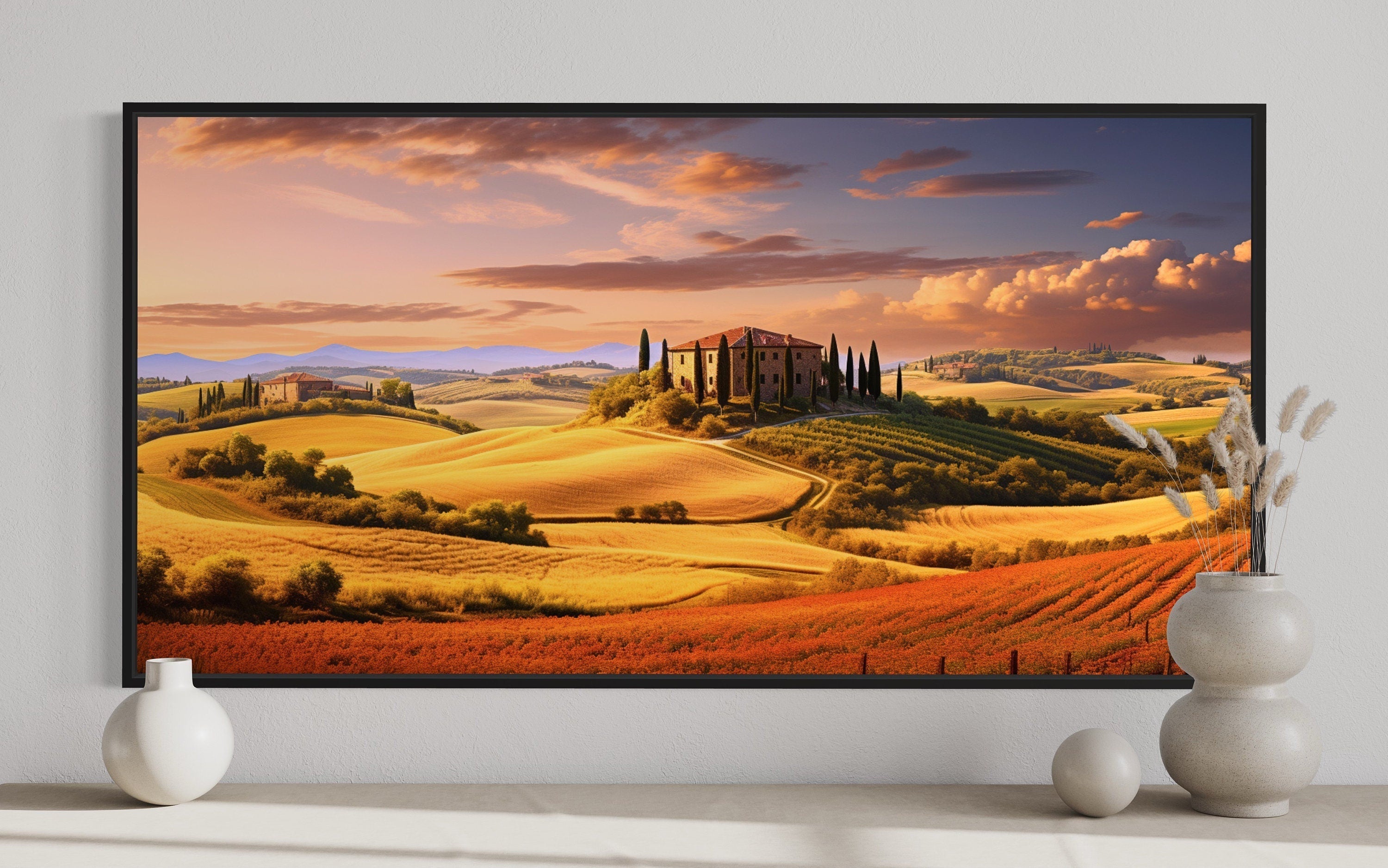 Tuscany Landscape Wall Art – Large Framed Canvas Print of Rustic Italian Scenery