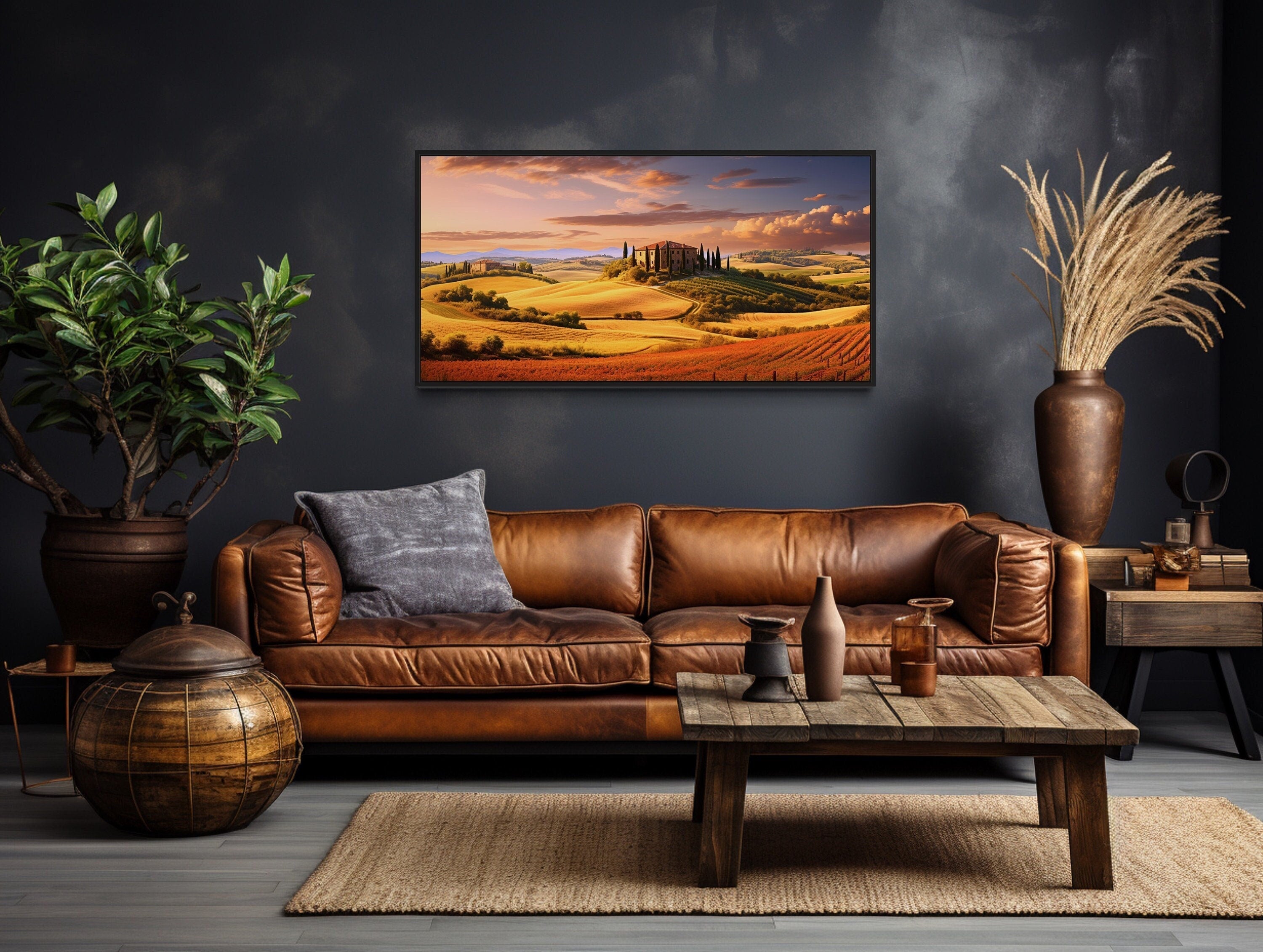 Tuscany Landscape Wall Art – Large Framed Canvas Print of Rustic Italian Scenery