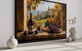 Tuscany Vineyard Window View Wall Art With Wine Bottle And Grapes For Dining Room Decor