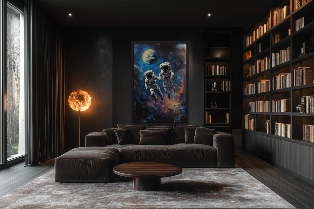 Two Astronauts Couple In Space Graffiti Romantic Framed Canvas Wall Art