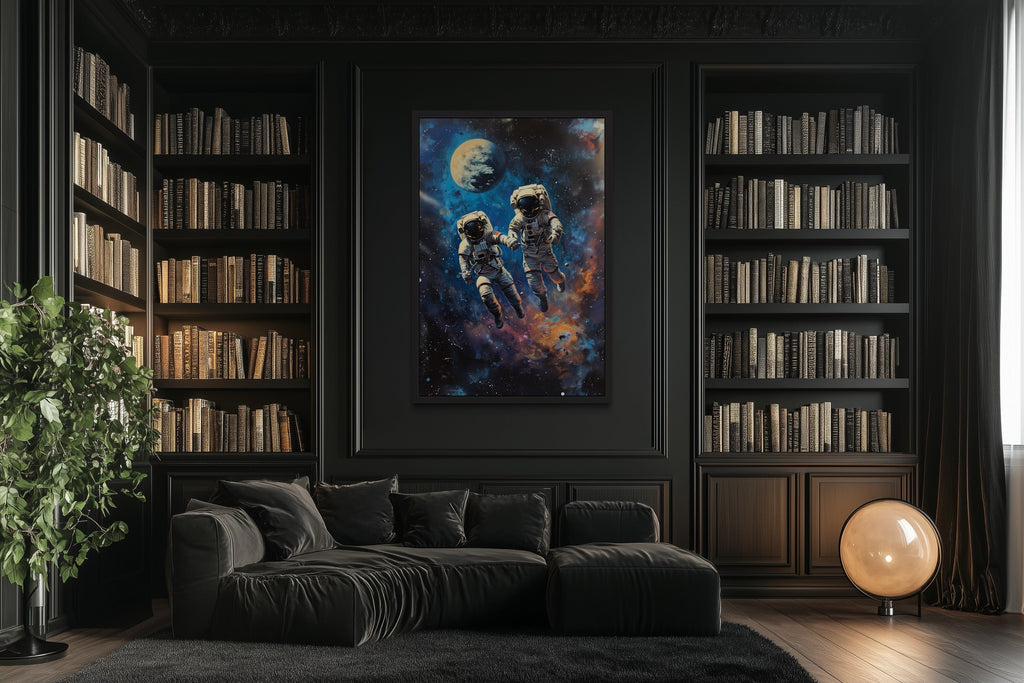 Two Astronauts Couple In Space Graffiti Romantic Framed Canvas Wall Art