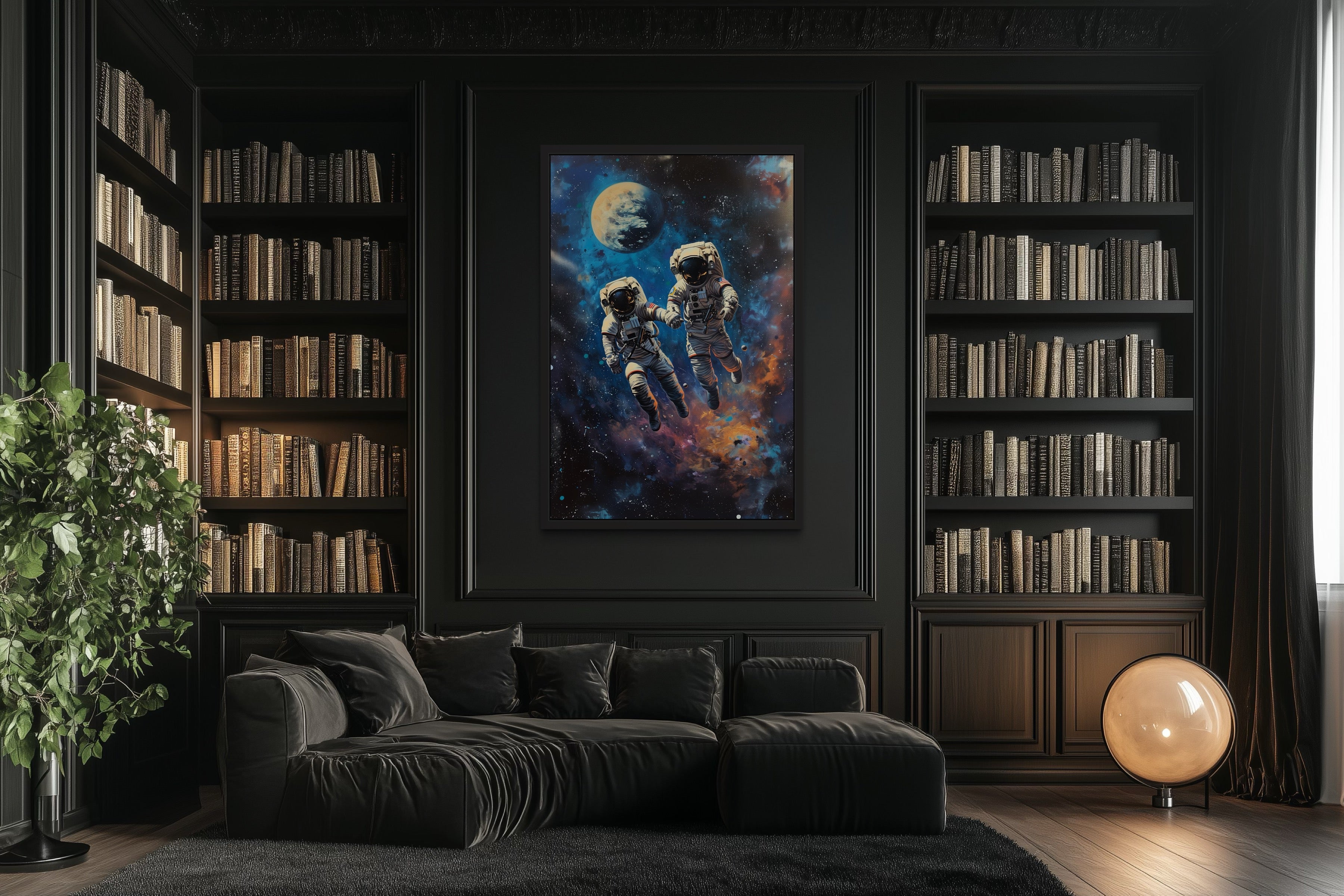 Two Astronauts Couple In Space Graffiti Romantic Framed Canvas Wall Art
