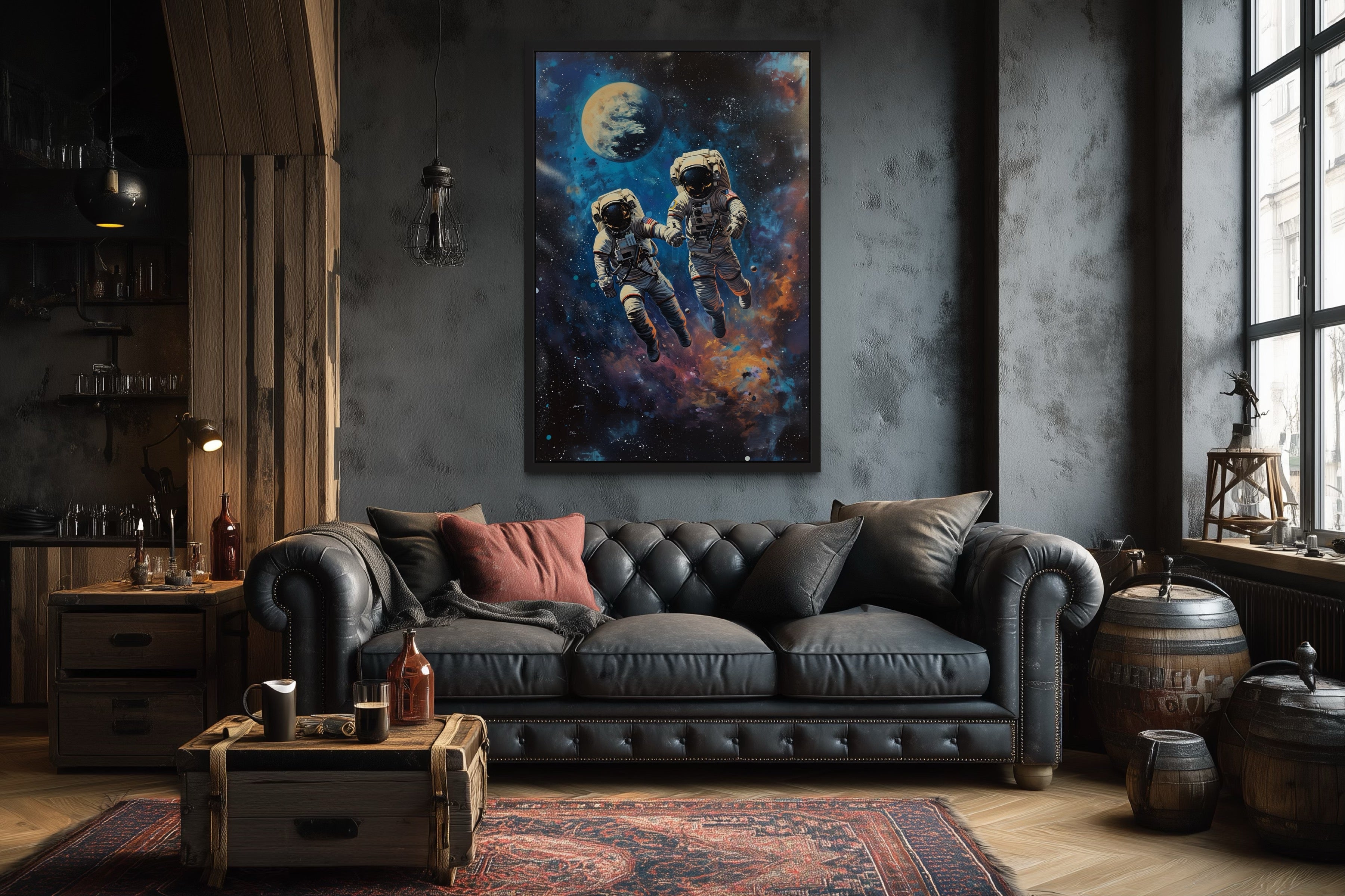 Two Astronauts Couple In Space Graffiti Romantic Framed Canvas Wall Art