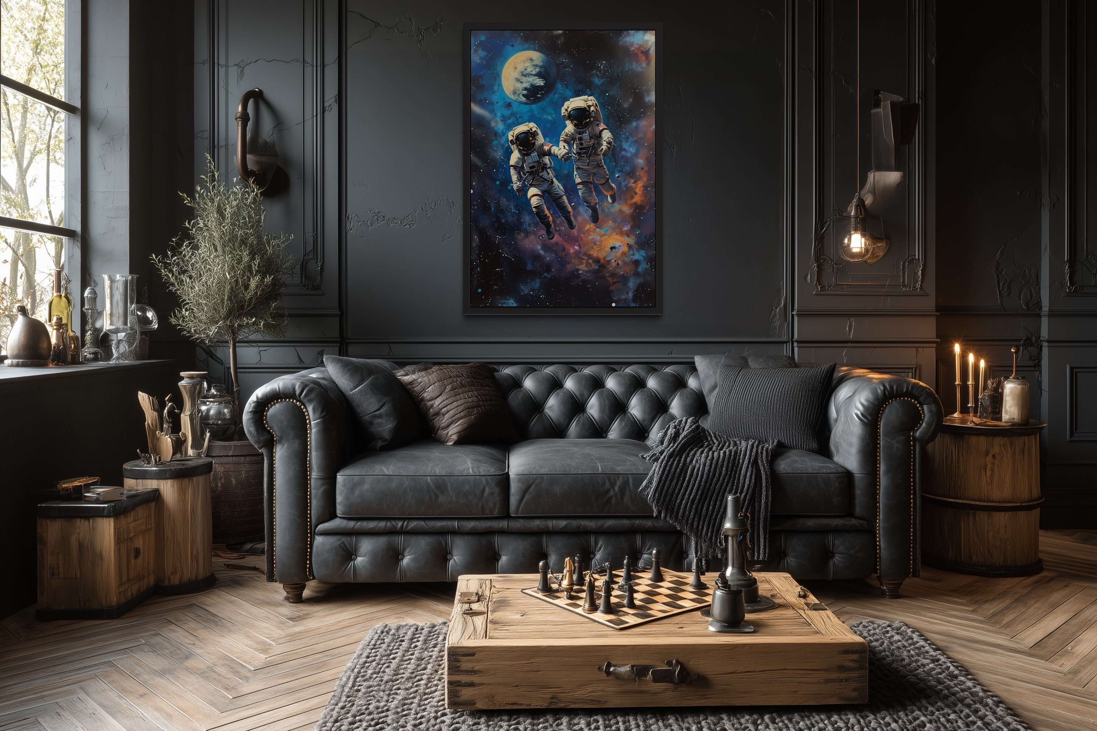 Two Astronauts Couple In Space Graffiti Romantic Framed Canvas Wall Art