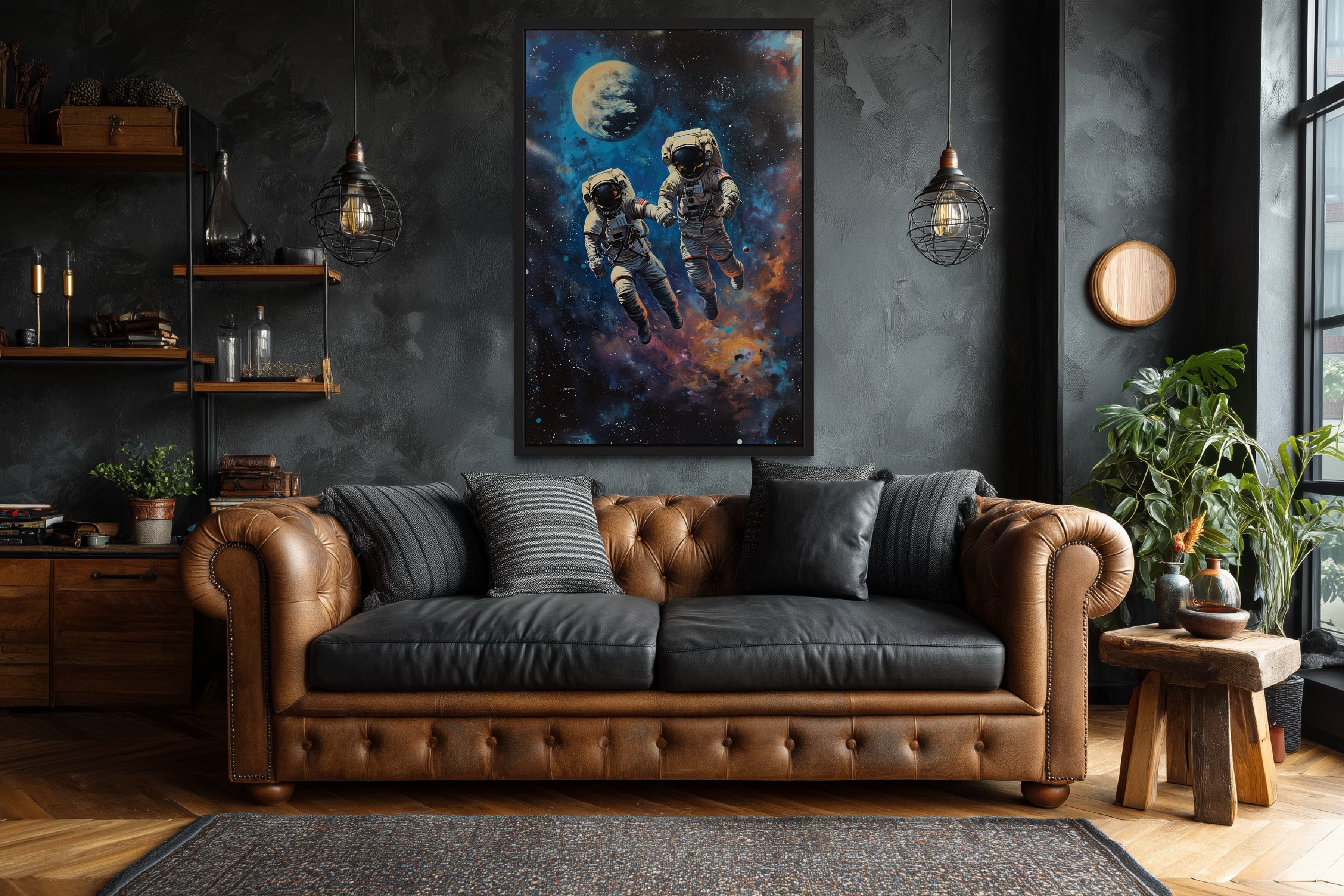 Two Astronauts Couple In Space Graffiti Romantic Framed Canvas Wall Art