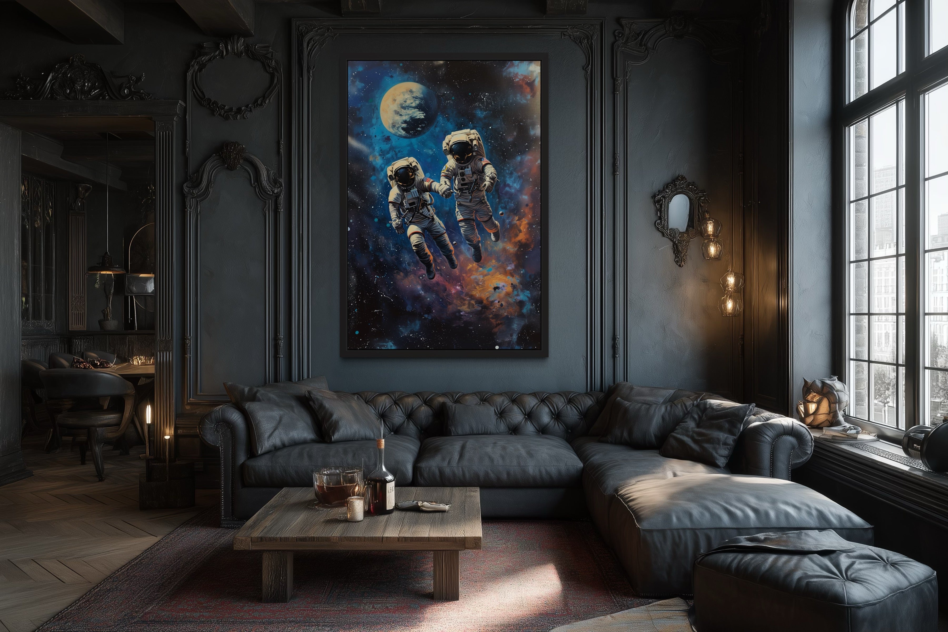 Two Astronauts Couple In Space Graffiti Romantic Framed Canvas Wall Art