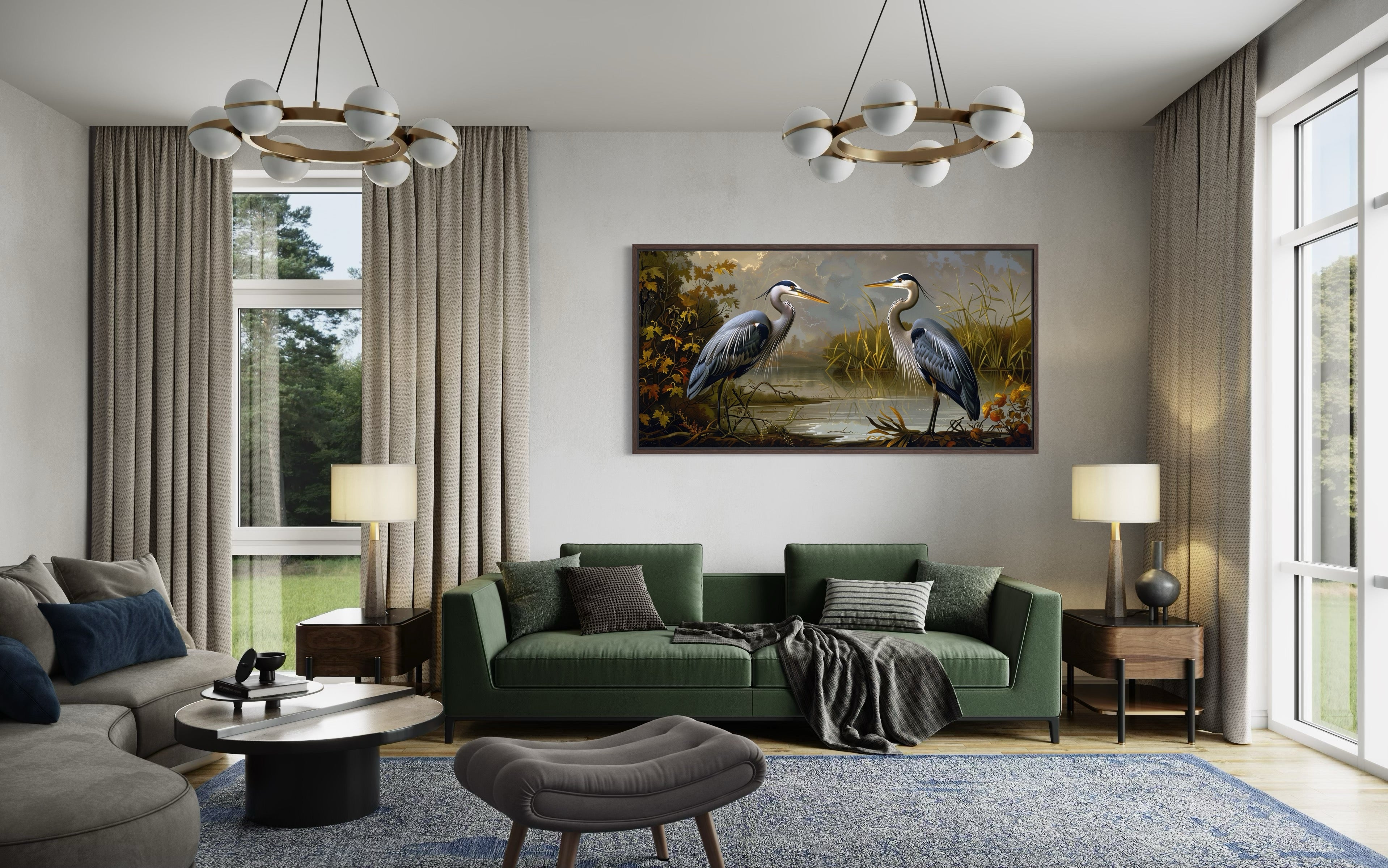Two Blue Herons On The Lake Framed Canvas Wall Art