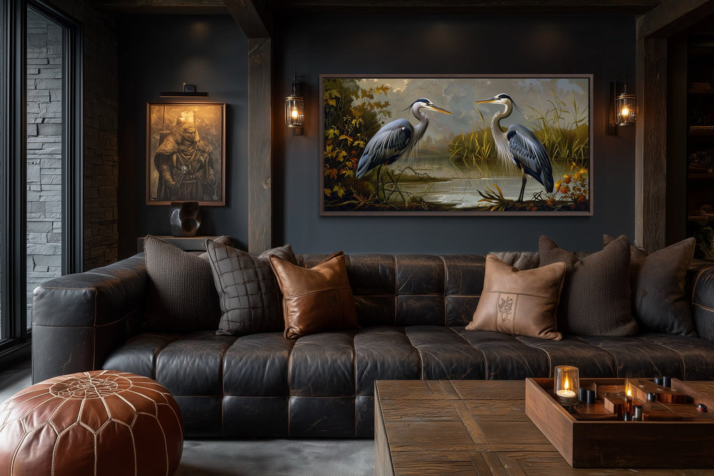 Two Blue Herons On The Lake Framed Canvas Wall Art