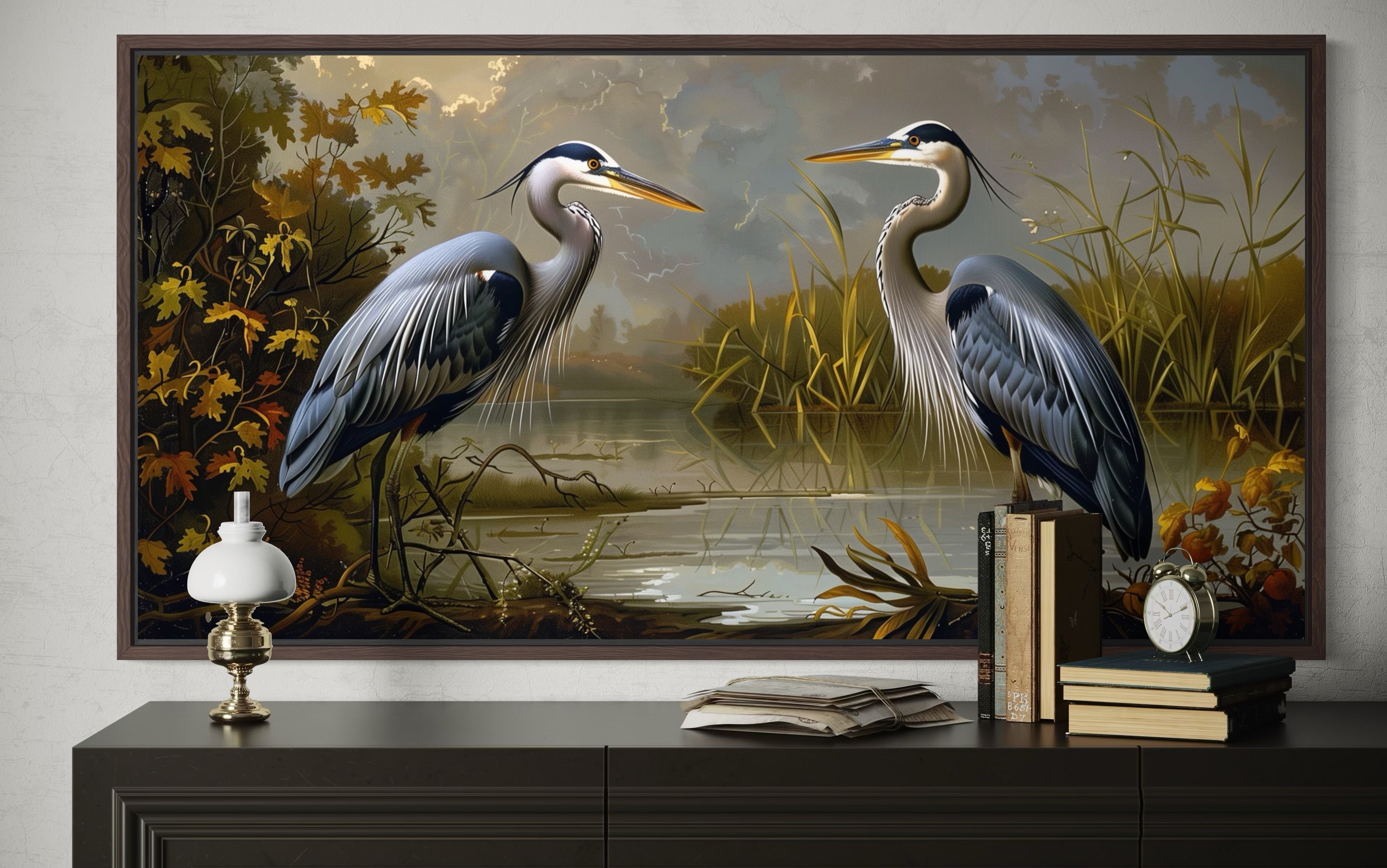 Two Blue Herons On The Lake Framed Canvas Wall Art