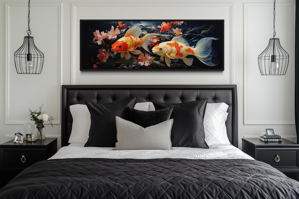 Two Koi Fish Long Horizontal Framed Canvas Wall Art