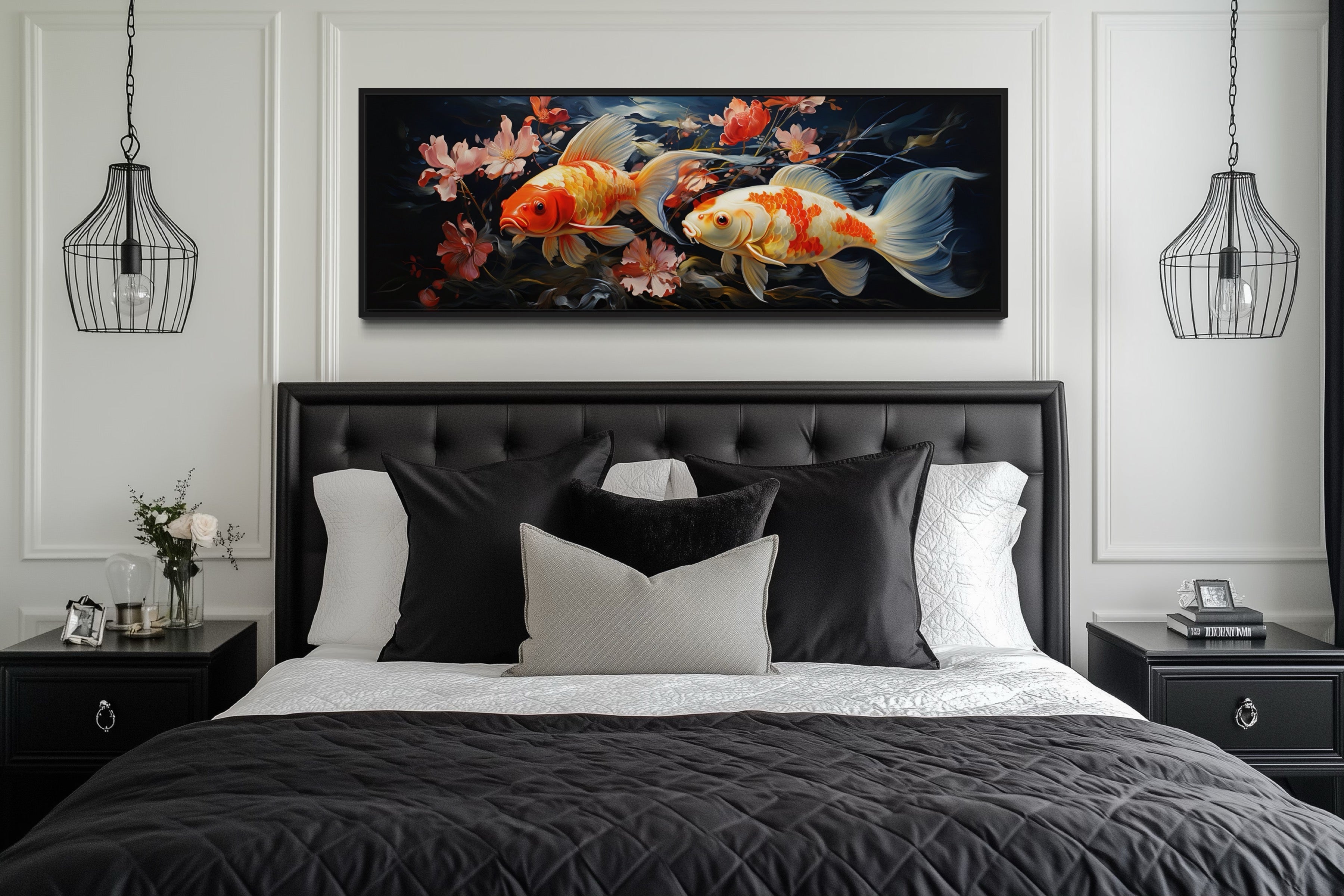 Two Koi Fish Long Horizontal Framed Canvas Wall Art