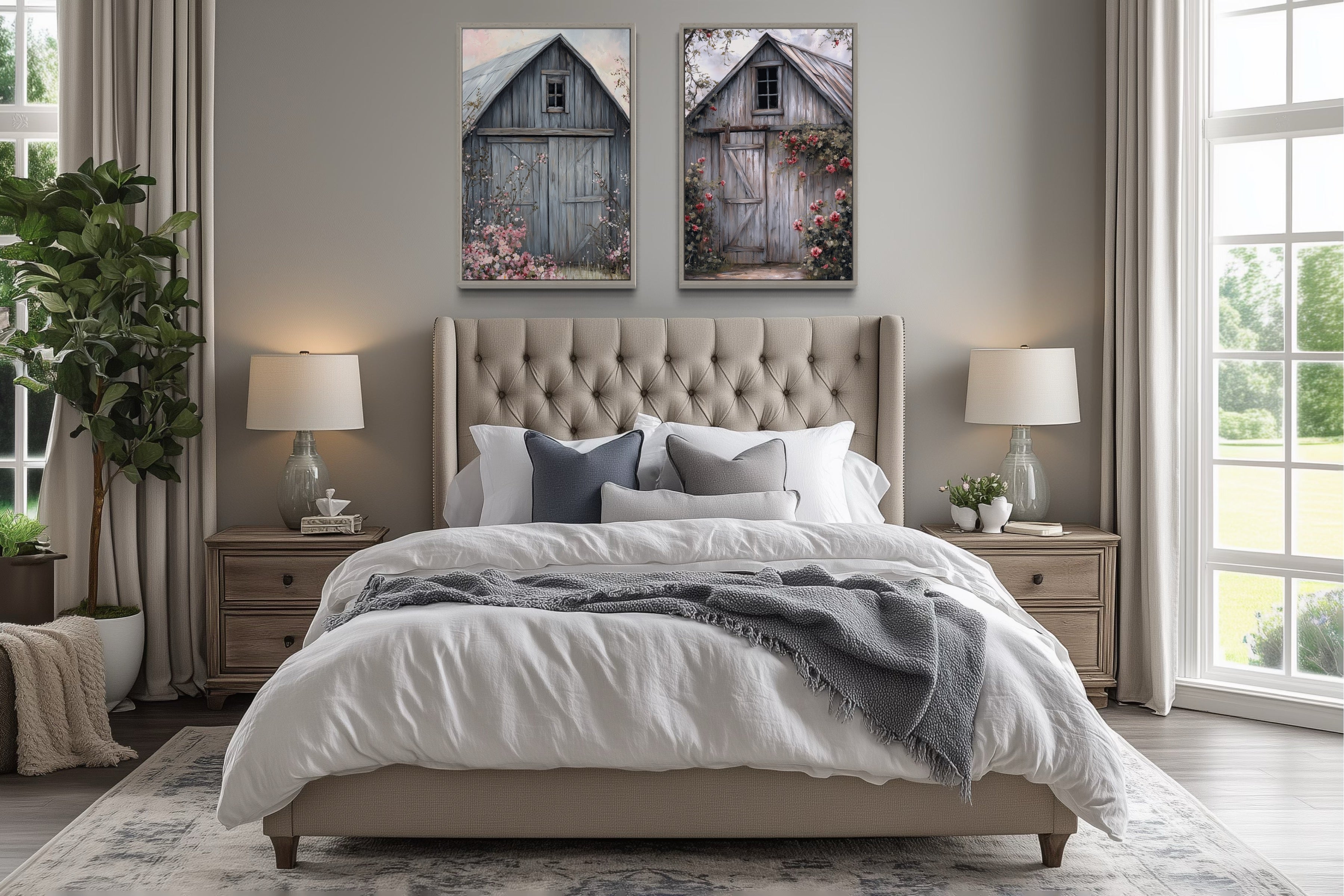 Two Old Rustic Grey Barn Doors Painting Farmhouse Canvas Wall Art