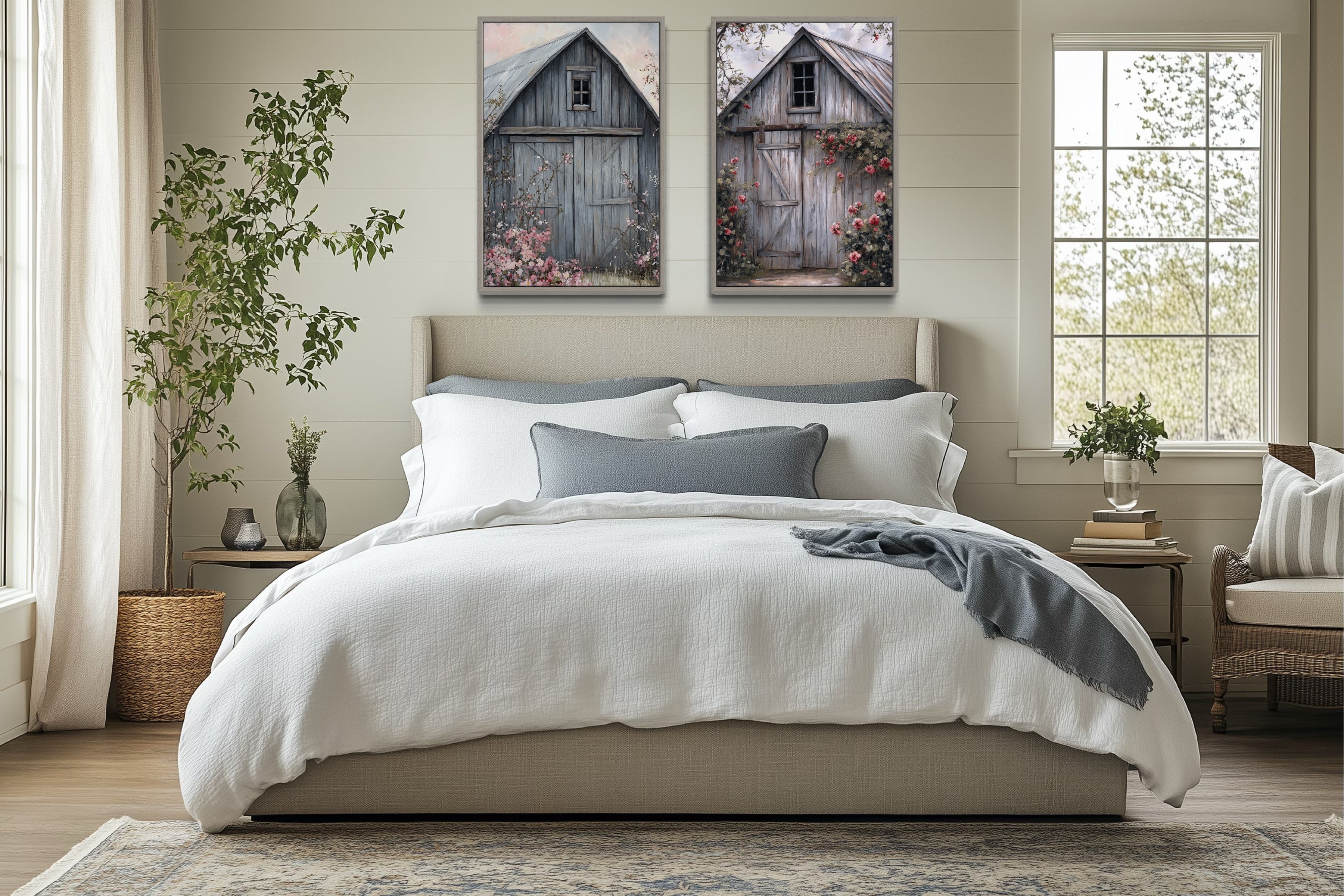 Two Old Rustic Grey Barn Doors Painting Farmhouse Canvas Wall Art