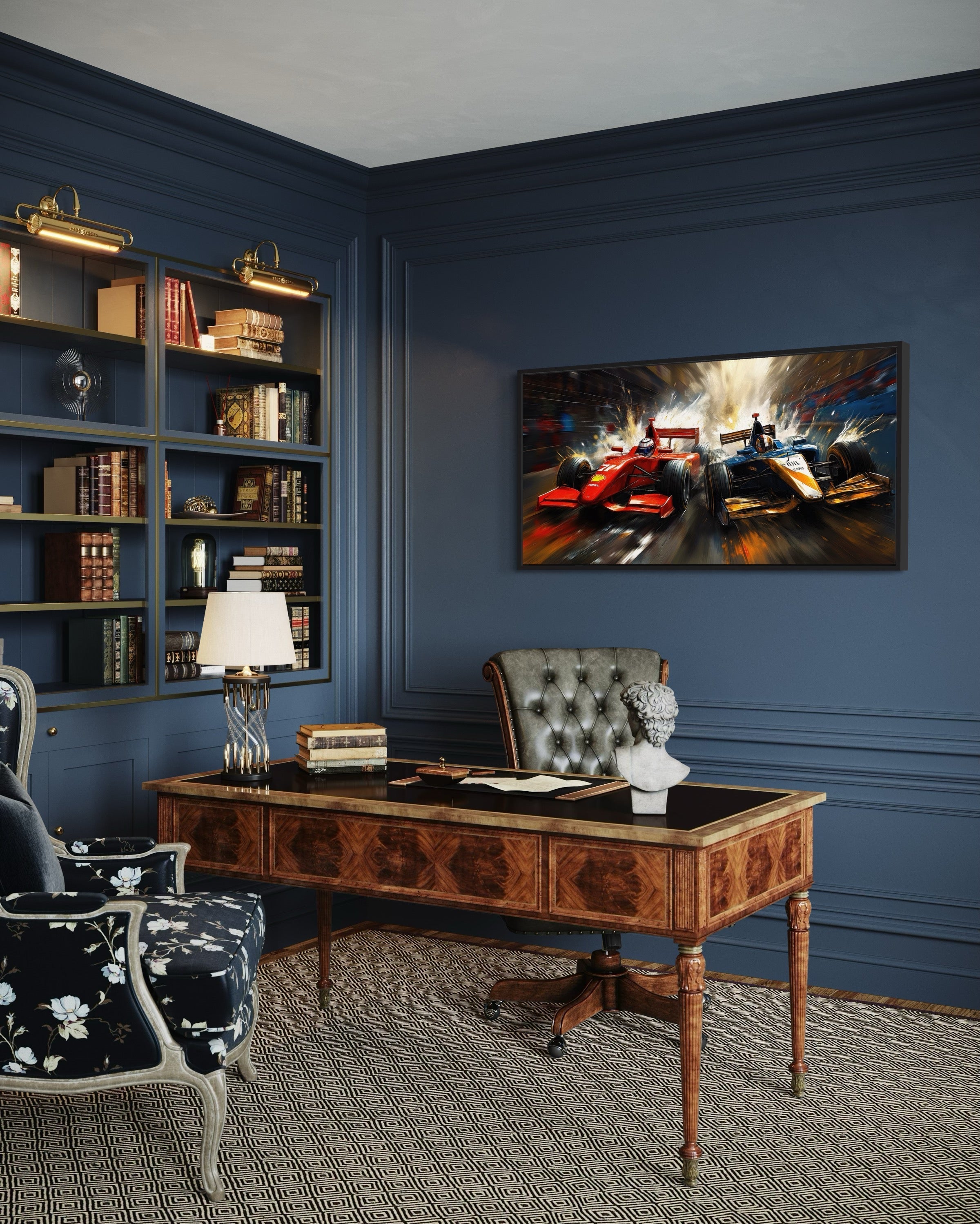 Two Race Cars On Race Track Graffiti Abstract Painting Framed Canvas Wall Art