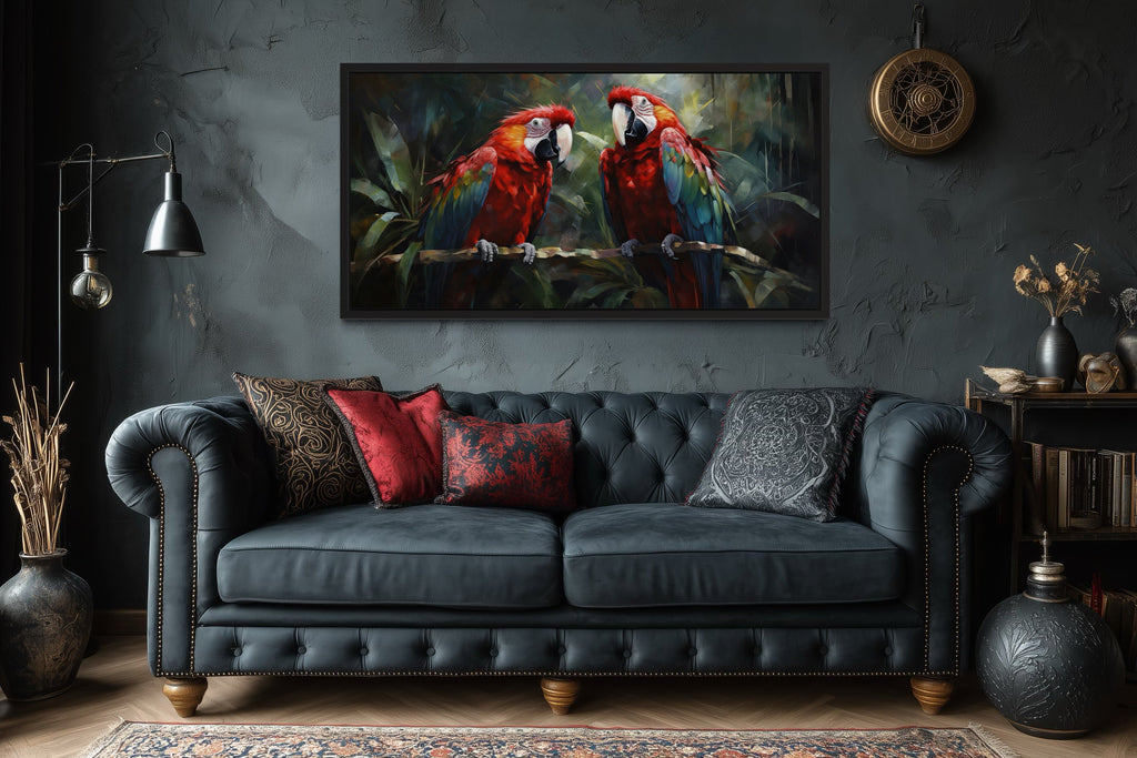 Two Red Macaw Parrots In Tropical Rainforest Framed Canvas Wall Art