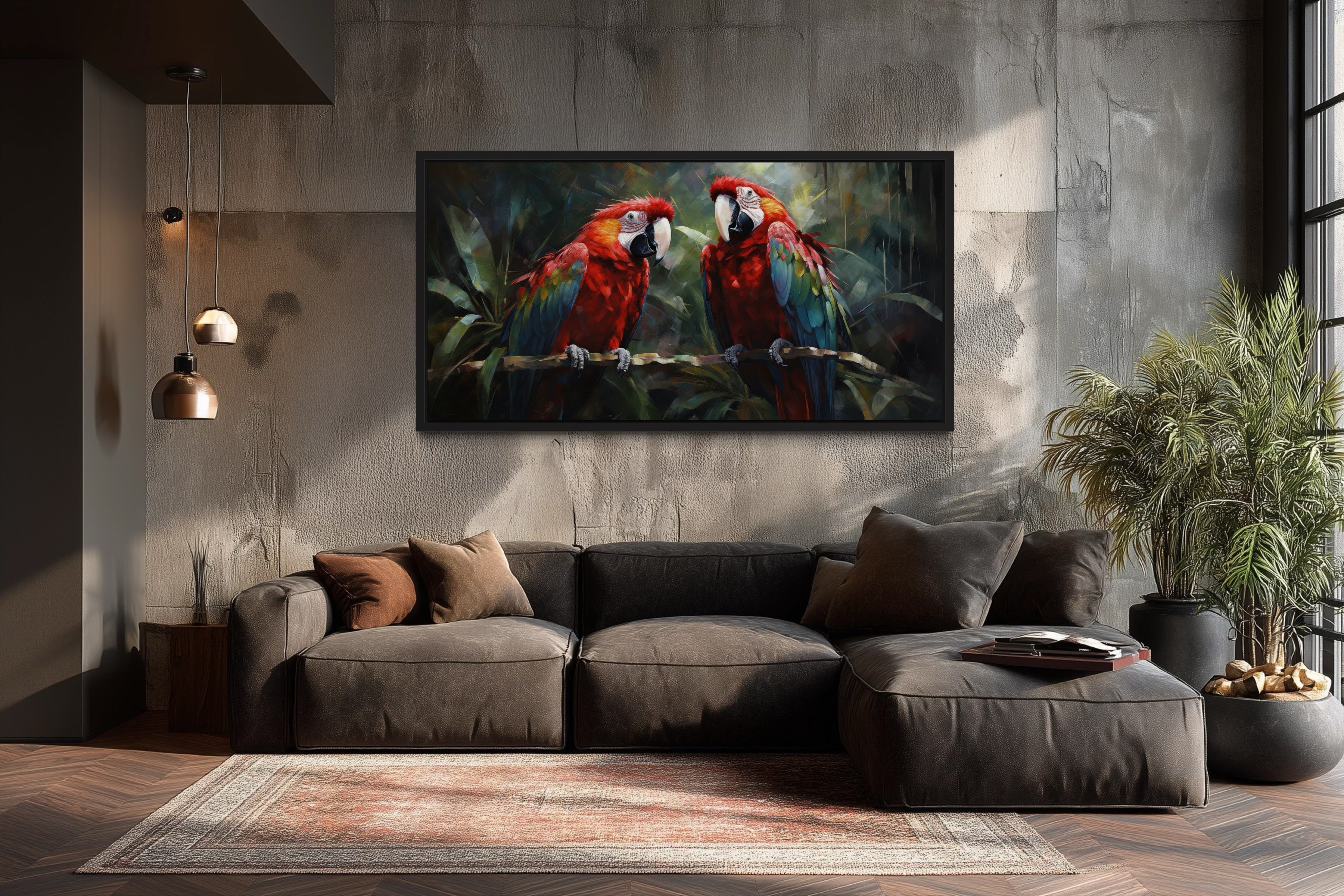 Two Red Macaw Parrots In Tropical Rainforest Framed Canvas Wall Art