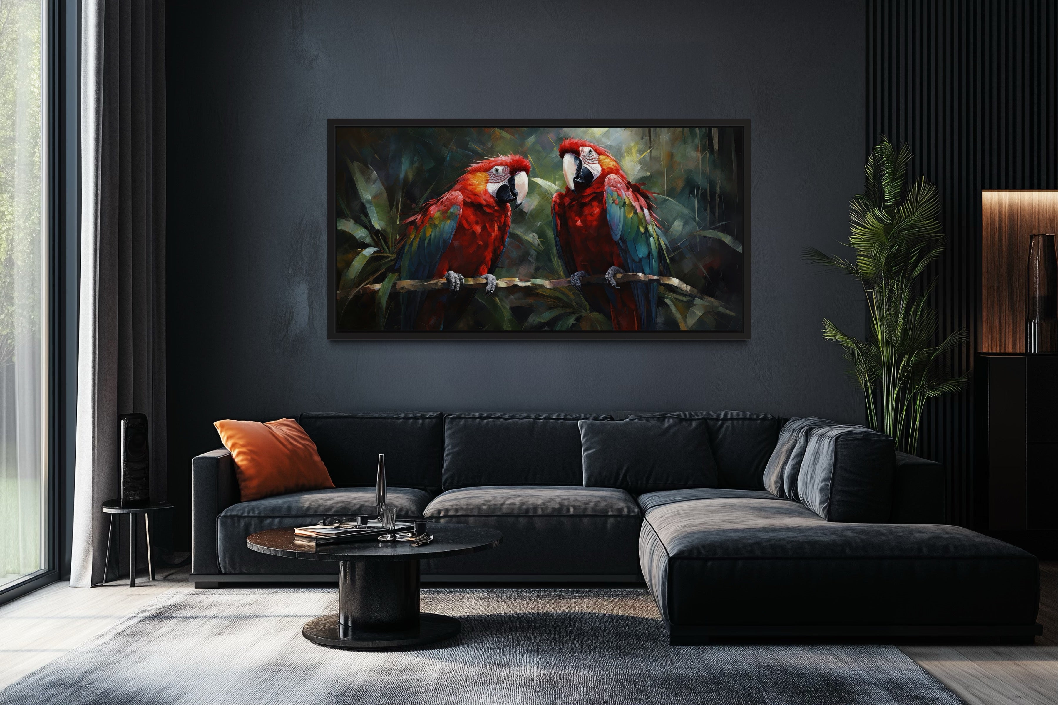 Two Red Macaw Parrots In Tropical Rainforest Framed Canvas Wall Art